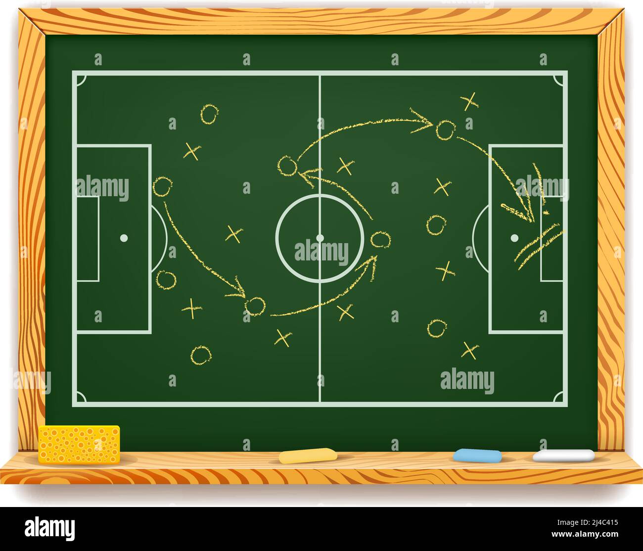 Tableau noir montrant un plan de jeu schématique pour le football avec un vue de dessus du champ indiquant les positions des joueurs et trajectoire de la bille avec Illustration de Vecteur