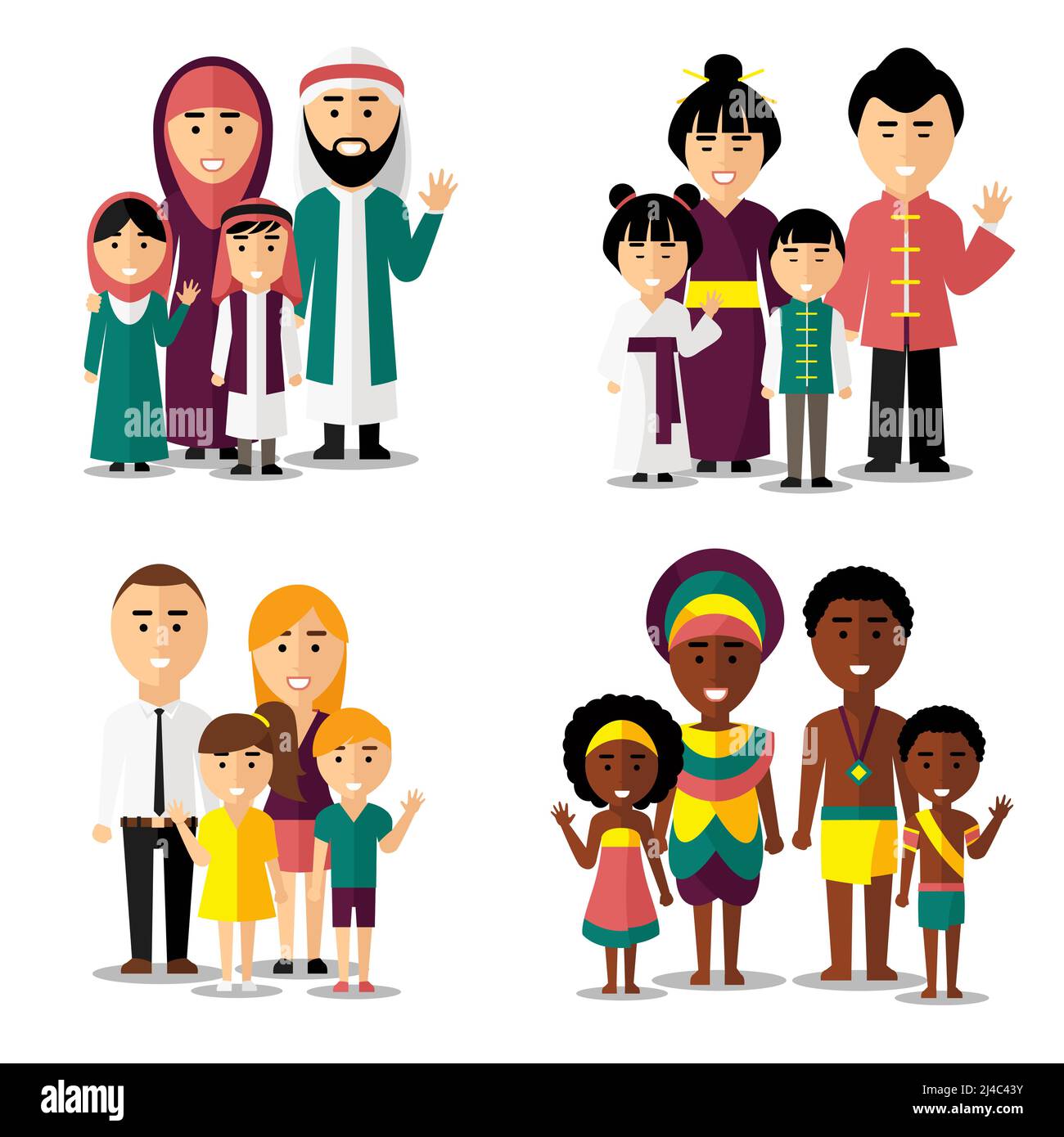 Familles africaines, asiatiques, arabes et européennes. Famille asiatique, famille africaine, famille européenne, famille asiatique. Jeu d'icônes de caractères d'illustration vectoriels Illustration de Vecteur