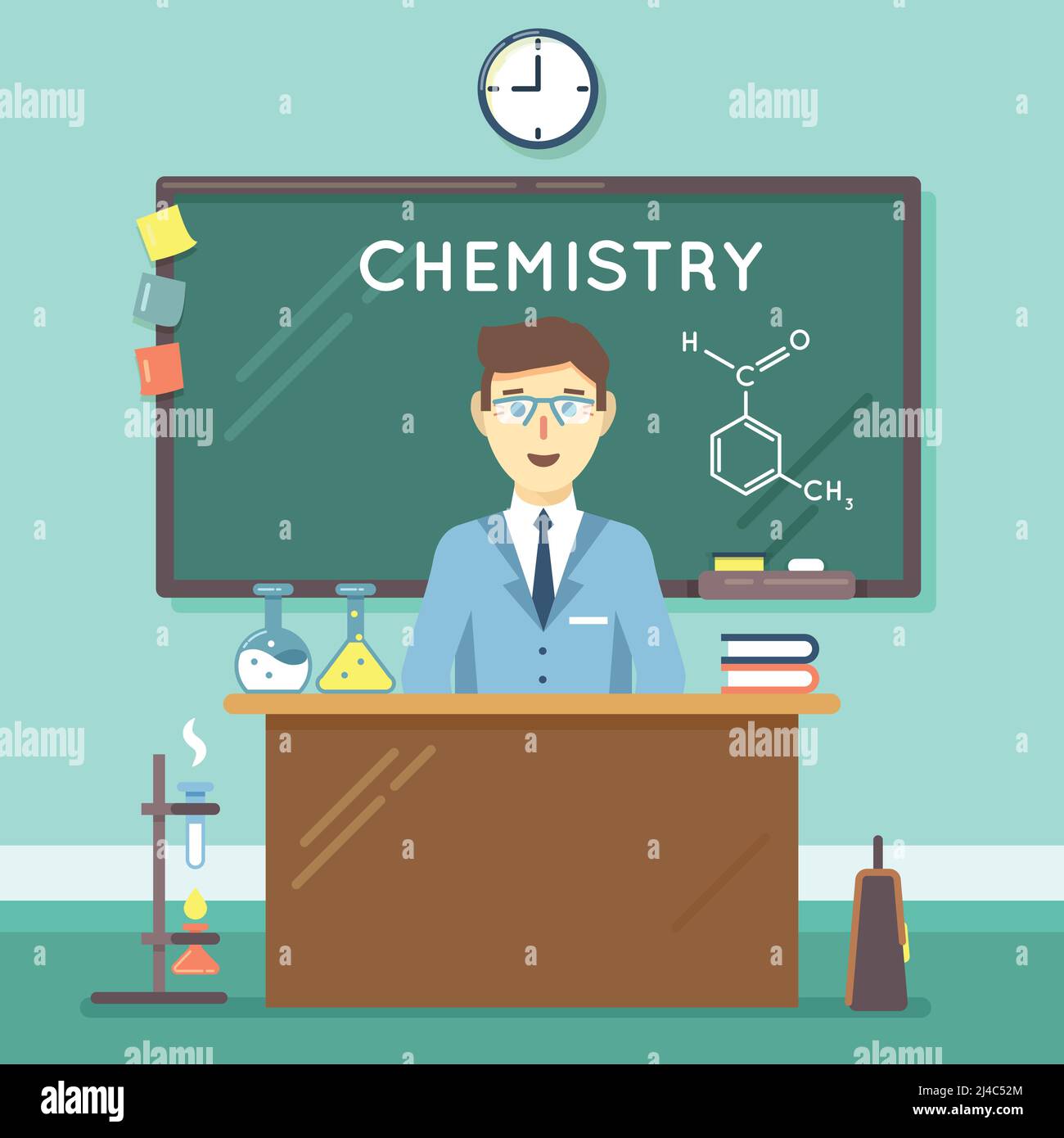 Professeur de chimie en classe. Études de sciences scolaires, recherche sur l'homme à l'université. Illustration vectorielle formation à plat Illustration de Vecteur