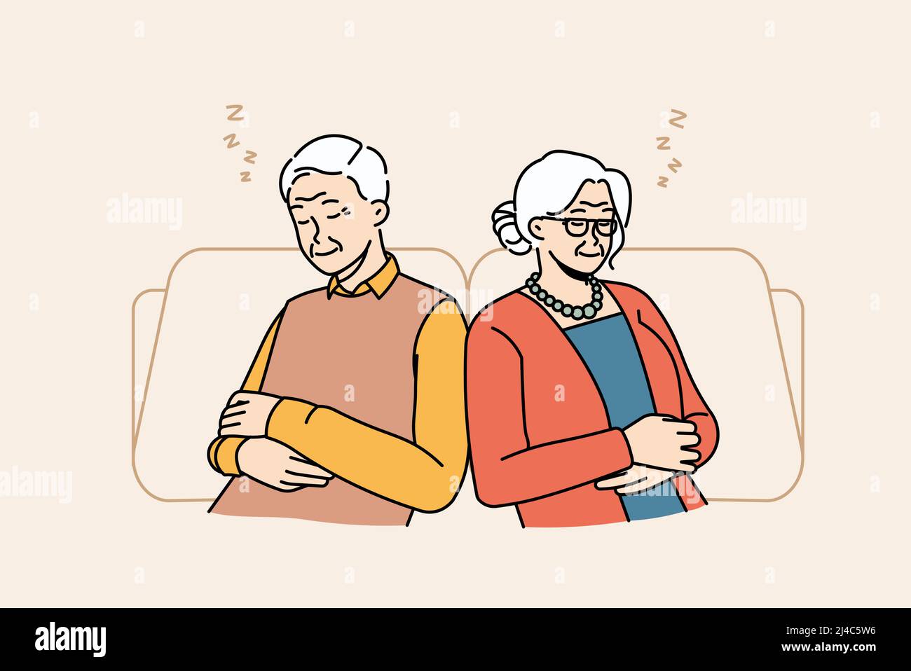 Un vieil homme et une femme fatigués s'assoient pour se détendre dans les chaises en prenant une sieste ou en rêvant de jour. Les grands-parents matures épuisés reposent dans des fauteuils dormant et voyant des rêves. Maturité et relaxation. Illustration vectorielle. Illustration de Vecteur