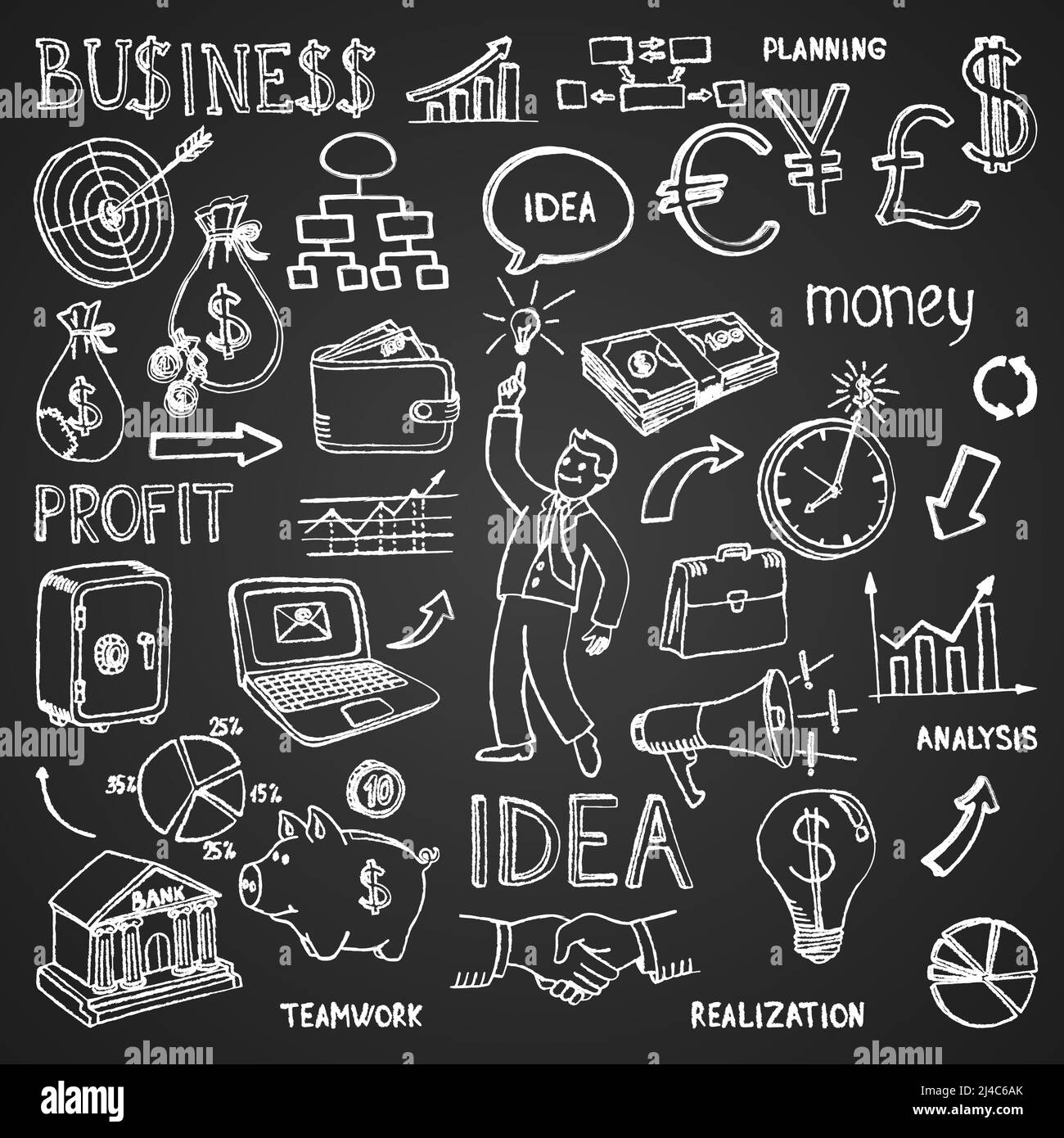 Les dessins d'affaires dessinés à la main dans le contour blanc sur un noir arrière-plan dans un motif dense et dispersé au format carré avec images et texte vectoriel illust Illustration de Vecteur