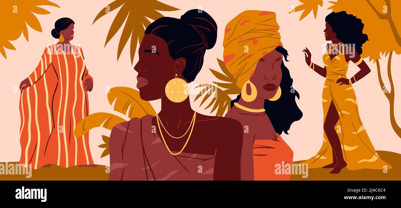 Belles femmes africaines, portraits artistiques créatifs de filles avec des bijoux traditionnels Illustration de Vecteur