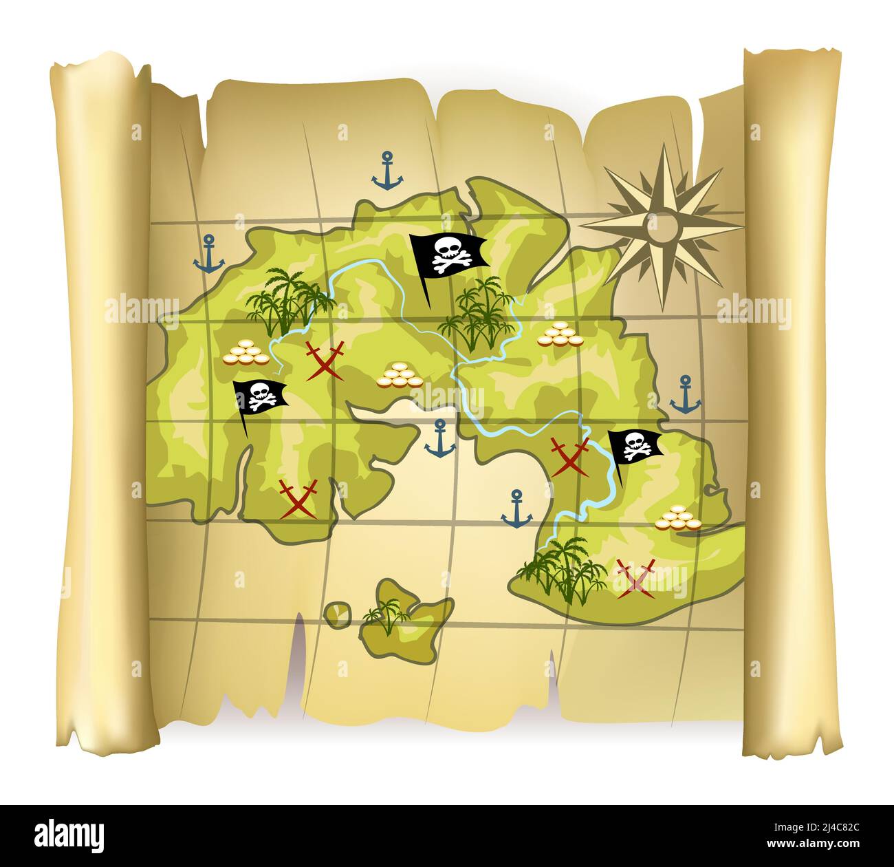 Carte des pirates d'époque ou carte des trésors avec île et vent rose Illustration de Vecteur