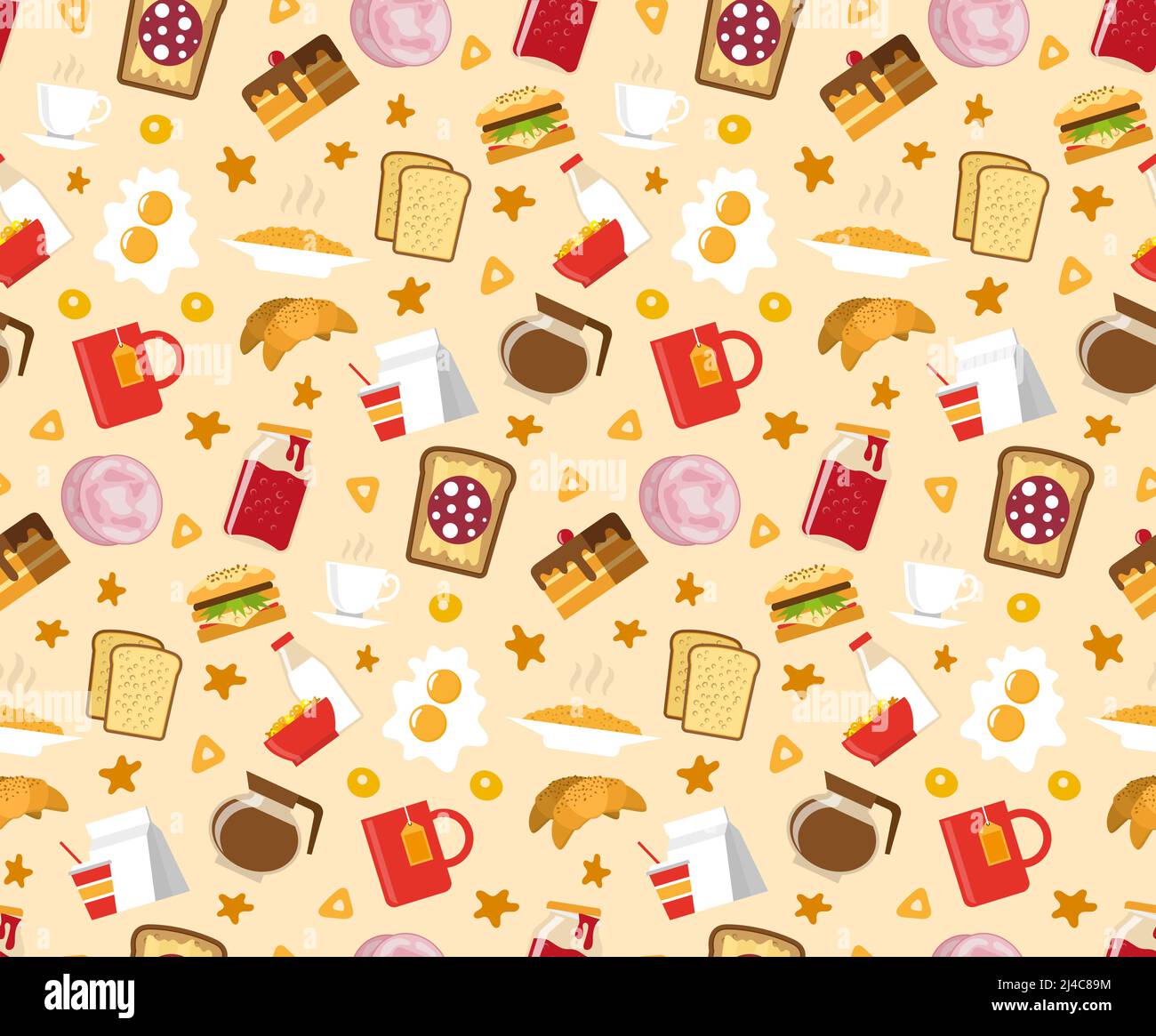 Motif petit déjeuner sans couture avec sandwichs, gâteau et café plat vectoriel illustration Illustration de Vecteur