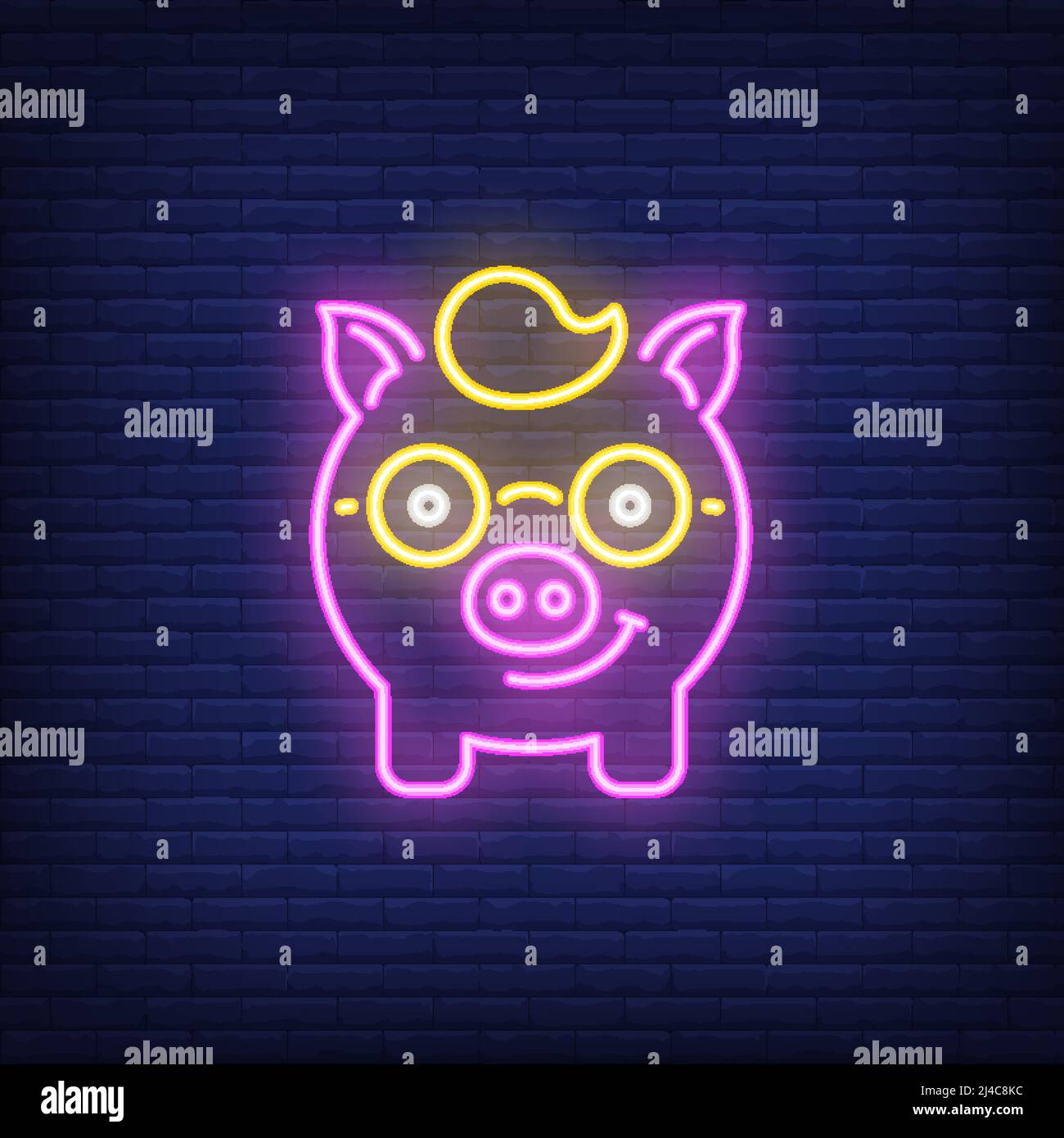 Icône de néon de la piggy nerd. Joli personnage de porc avec franges en lunettes sur fond de mur de briques. Concept de la nouvelle année. Peut être utilisé pour les enseignes au néon, pos Illustration de Vecteur