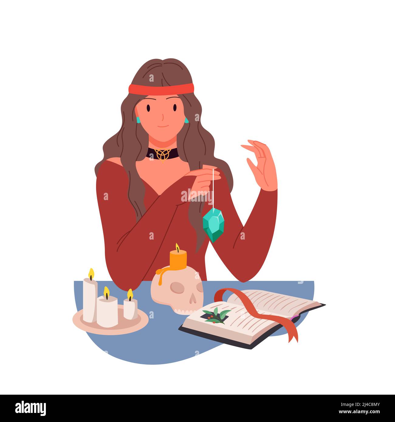 Fortune Teller prédire le destin, fille assise à table avec livre de magie, bougies, crâne Illustration de Vecteur