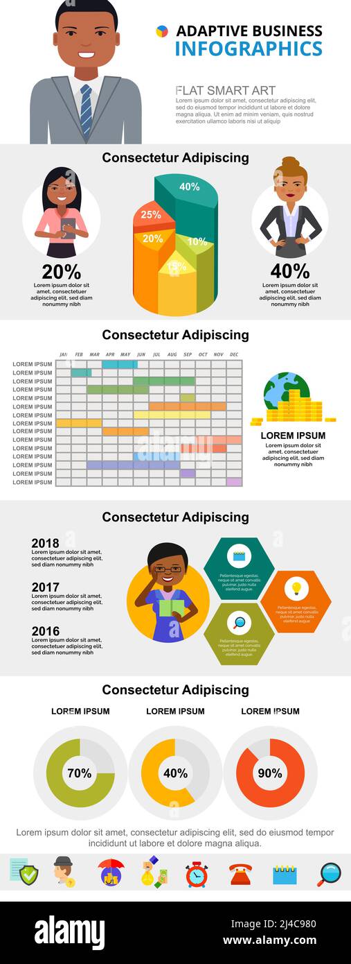 Ensemble de graphiques infographiques de concept de planification ou d'analyse. Calendrier des activités, graphiques en anneaux et circulaires pour les modèles de diapositives de présentation. Pour le rapport d'entreprise, Illustration de Vecteur