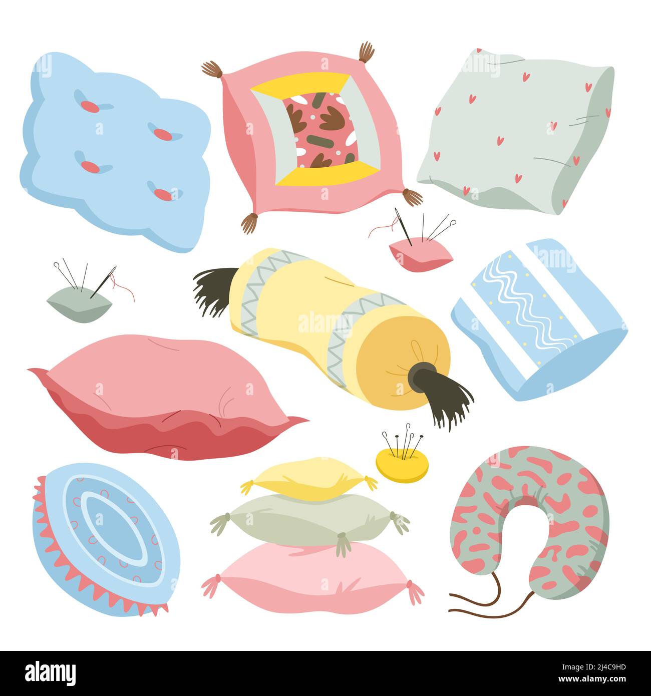 Oreillers et coussins colorés pastel pour lit, canapé et chaise, collection de décoration confortable Illustration de Vecteur