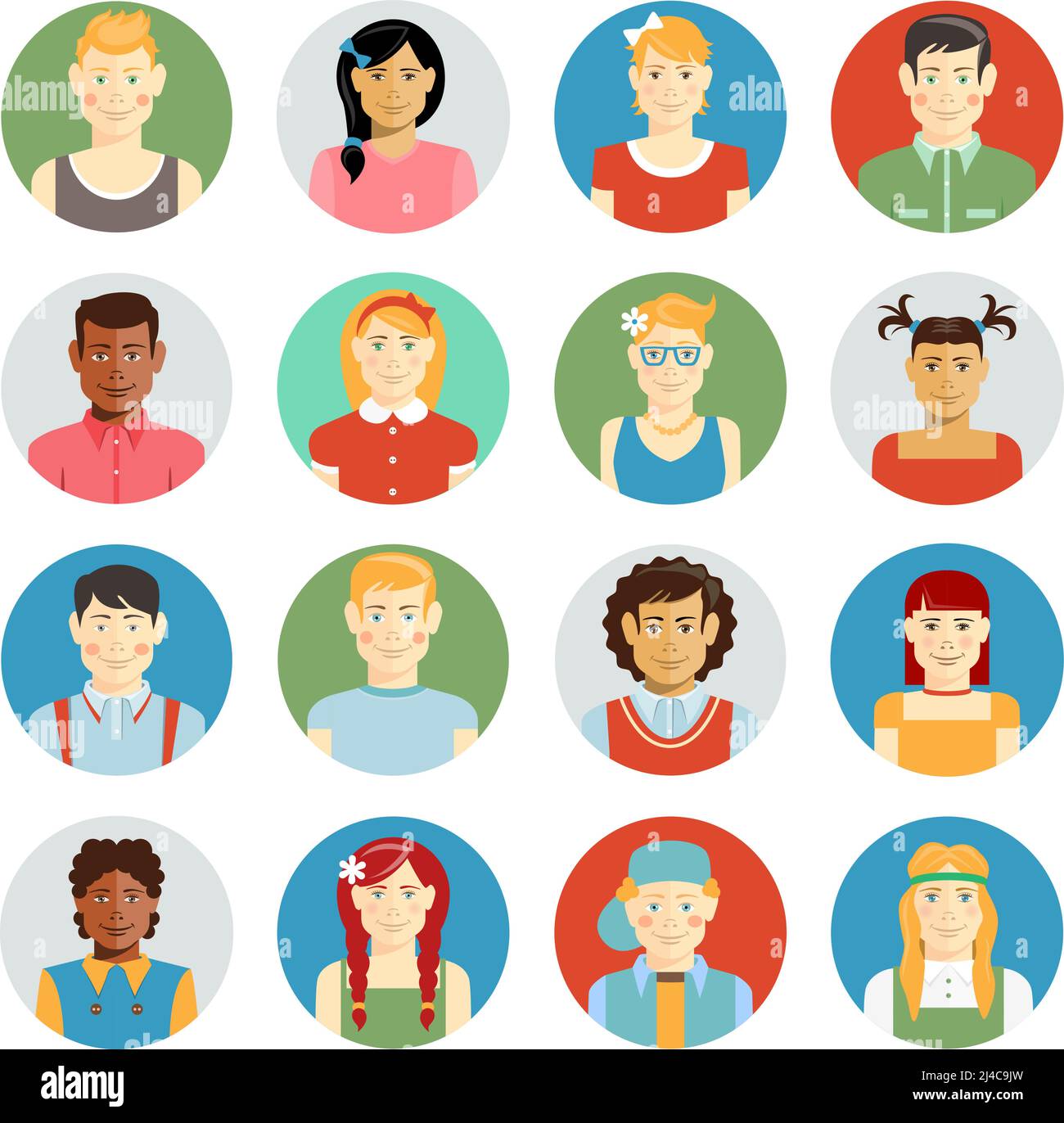 Ensemble d'avatar vectoriel pour enfants souriants et colorés avec enfants multiraciaux de divers groupes ethniques garçons et filles différents coiffures et vêtements sur rond Illustration de Vecteur