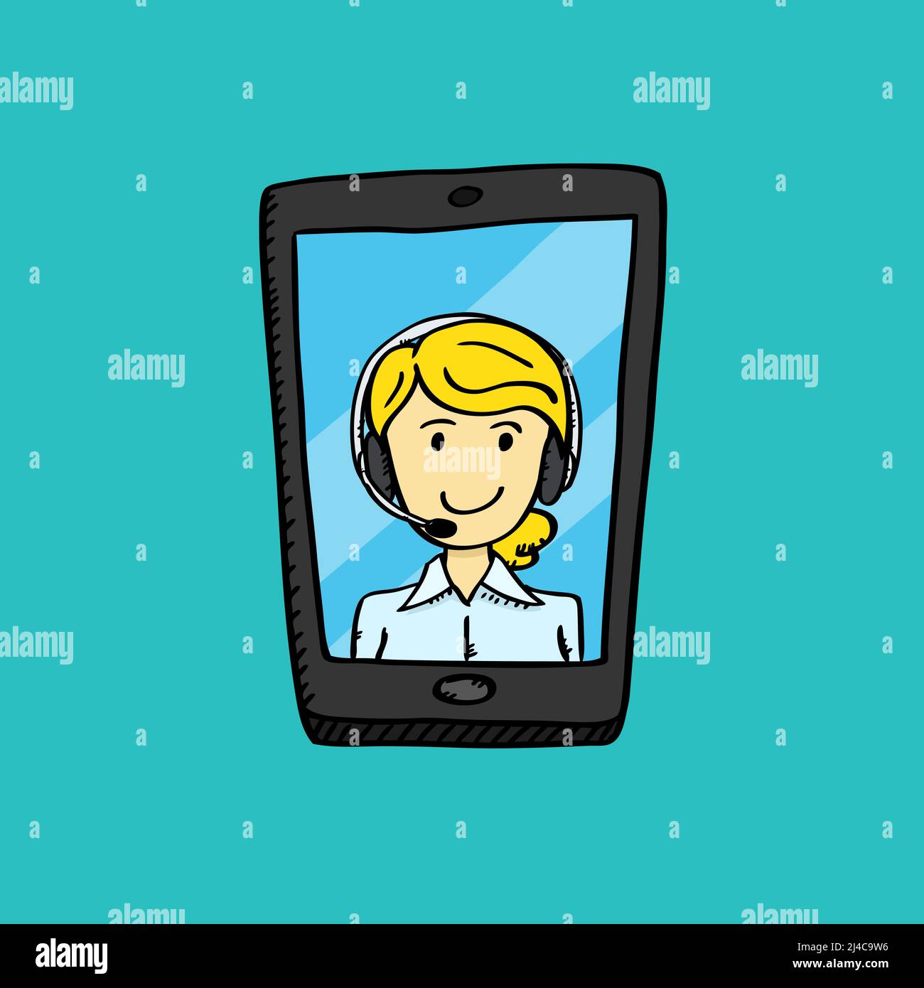 Conversation vidéo avec une femme blonde heureuse du service clientèle sur écran mobile. Illustration vectorielle colorée de style dessin animé. Illustration de Vecteur