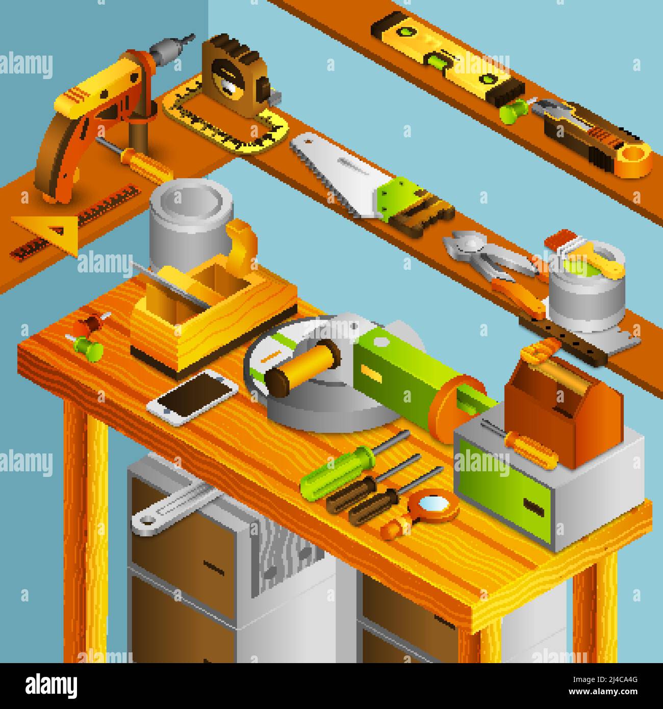 Concept d'atelier avec outils manuels isométriques sur table vectorielle en bois illustration Illustration de Vecteur