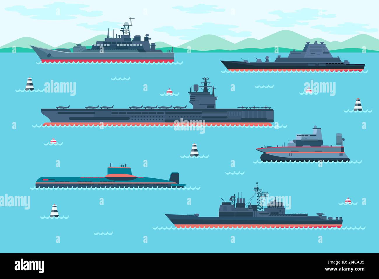 Ensemble bateau de guerre de style plat. Transport en bateau, hors-bord et aéroglisseur, bateau de transport. Illustration vectorielle Illustration de Vecteur