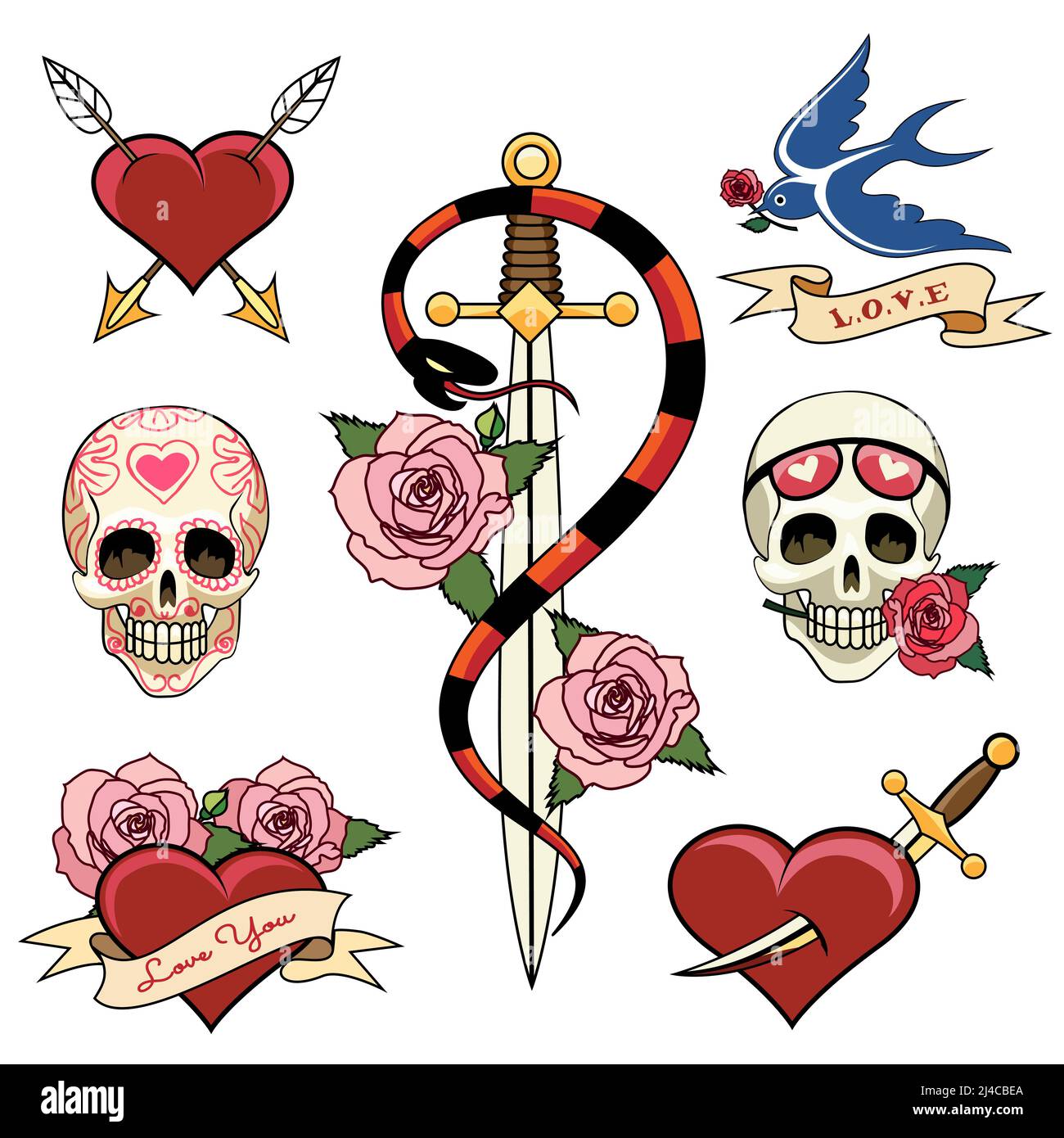 Divers coeur crâne et Dagger Tattoo graphiques Illustration de Vecteur