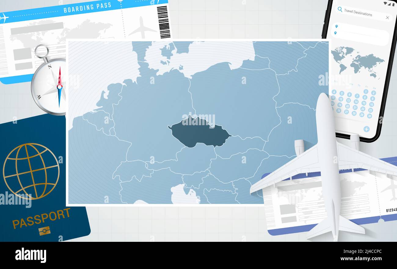 Voyage en République tchèque, illustration avec une carte de la République tchèque. Arrière-plan avec avion, téléphone cellulaire, passeport, boussole et billets. Maquette de vecteur Illustration de Vecteur