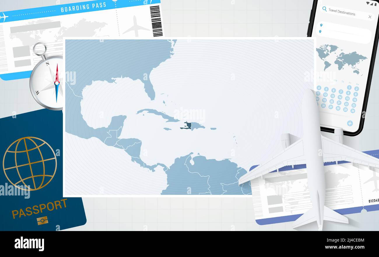 Voyage en Haïti, illustration avec une carte d'Haïti. Arrière-plan avec avion, téléphone cellulaire, passeport, boussole et billets. Maquette vectorielle. Illustration de Vecteur