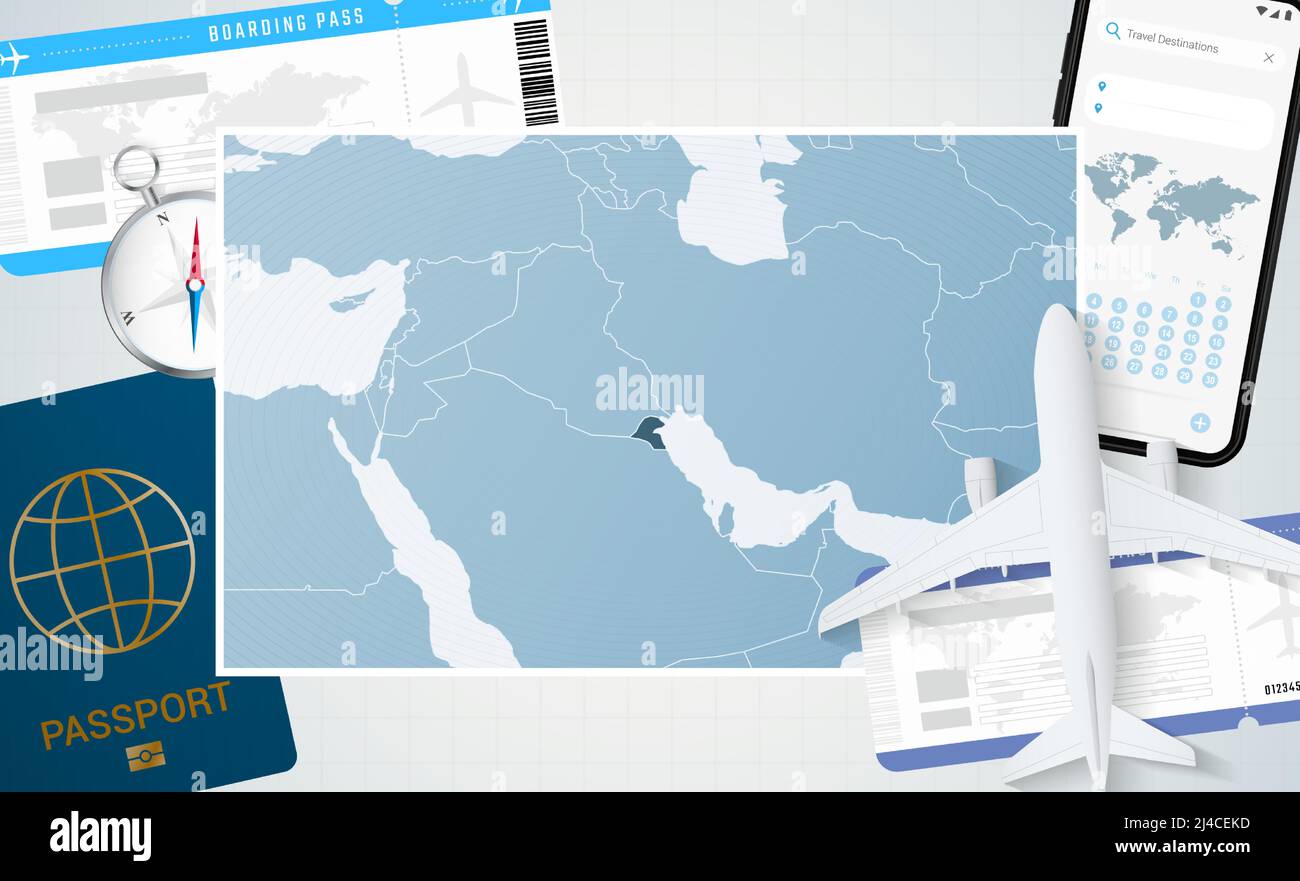 Voyage au Koweït, illustration avec une carte du Koweït. Arrière-plan avec avion, téléphone cellulaire, passeport, boussole et billets. Maquette vectorielle. Illustration de Vecteur
