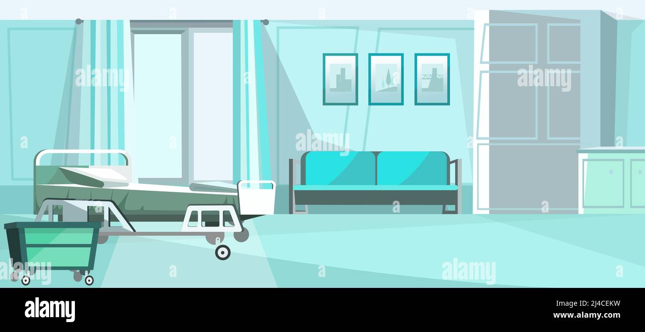 Illustration d'une chambre d'hôpital avec lit sur roues. Bleu salle privée un clinique avec canapé confortable, photos sur le mur et commode. Salle du patient i Illustration de Vecteur