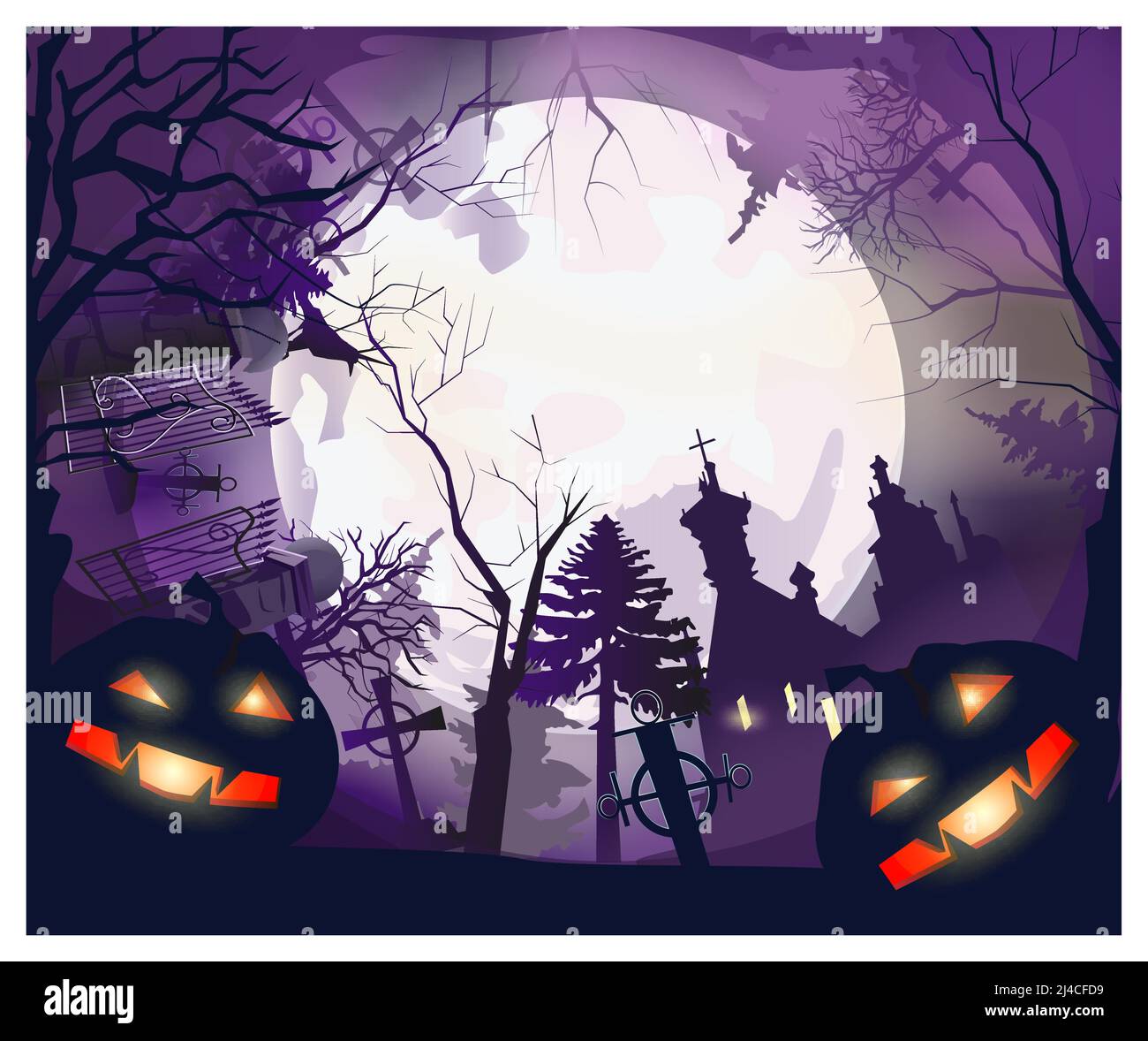 Lune avec arbres, tombes, maison et citrouilles autour de l'illustration vectorielle. Fond violet Halloween nuit. Concept de vacances. Pour les sites Web, fonds d'écran, b Illustration de Vecteur