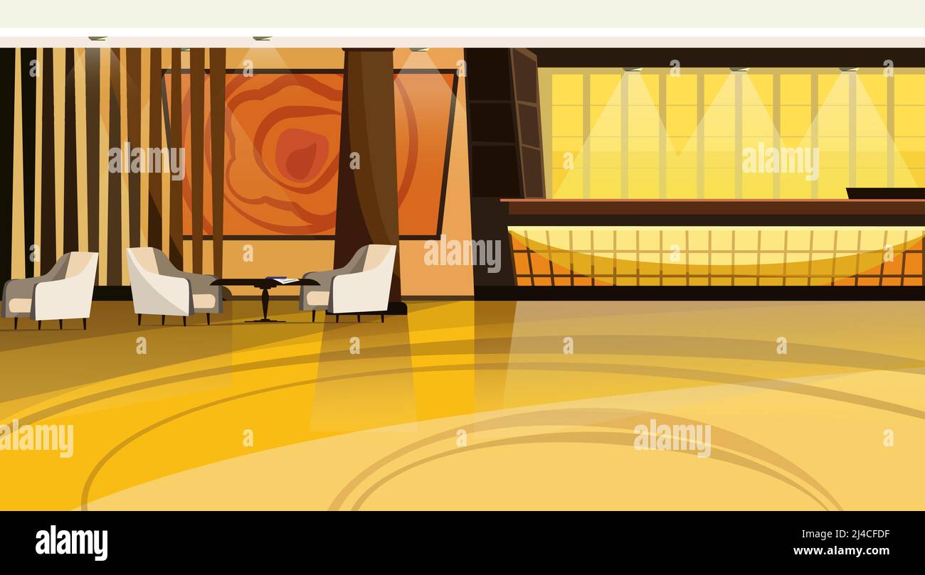 Illustration vectorielle du lobby de l'hôtel. Bureau, réception, couloir, comptoir, fauteuil. Concept intérieur. Peut être utilisé pour des sujets tels que le design intérieur, la réservation Illustration de Vecteur