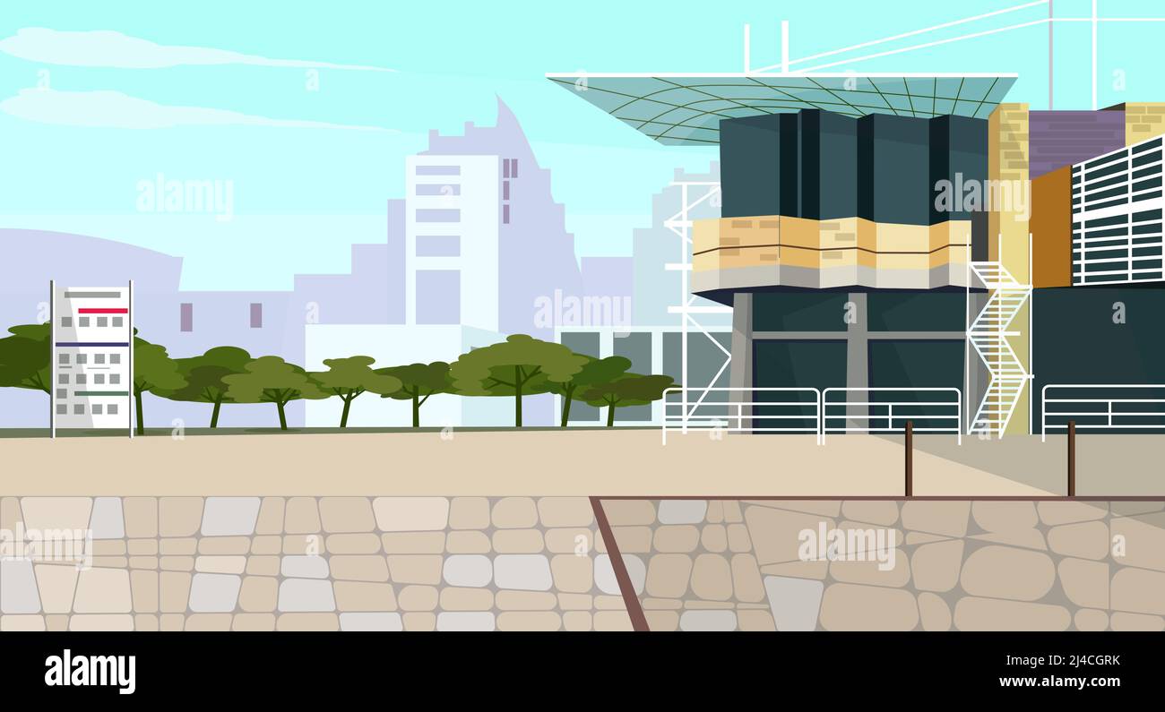 Maison de campagne moderne avec illustration de vecteur de toit long. Bâtiment urbain avec échelles. Illustration du paysage urbain Illustration de Vecteur