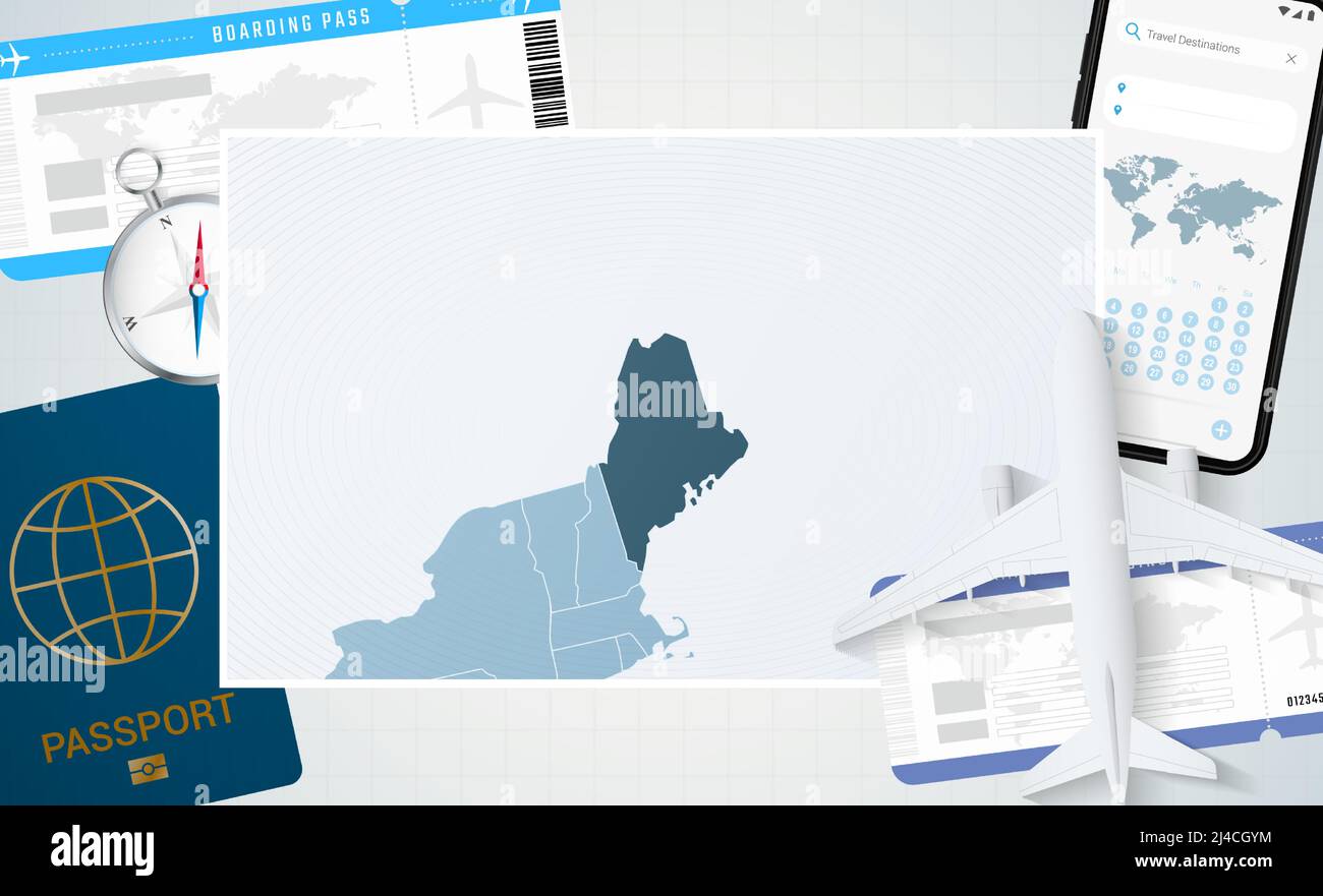 Voyage au Maine, illustration avec une carte du Maine. Arrière-plan avec avion, téléphone cellulaire, passeport, boussole et billets. Maquette vectorielle. Illustration de Vecteur