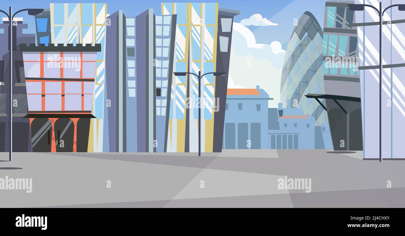 Paysage urbain avec illustration vectorielle de grands bâtiments. Rue moderne avec immeubles de bureaux et lumières de rue. Illustration extérieure Illustration de Vecteur