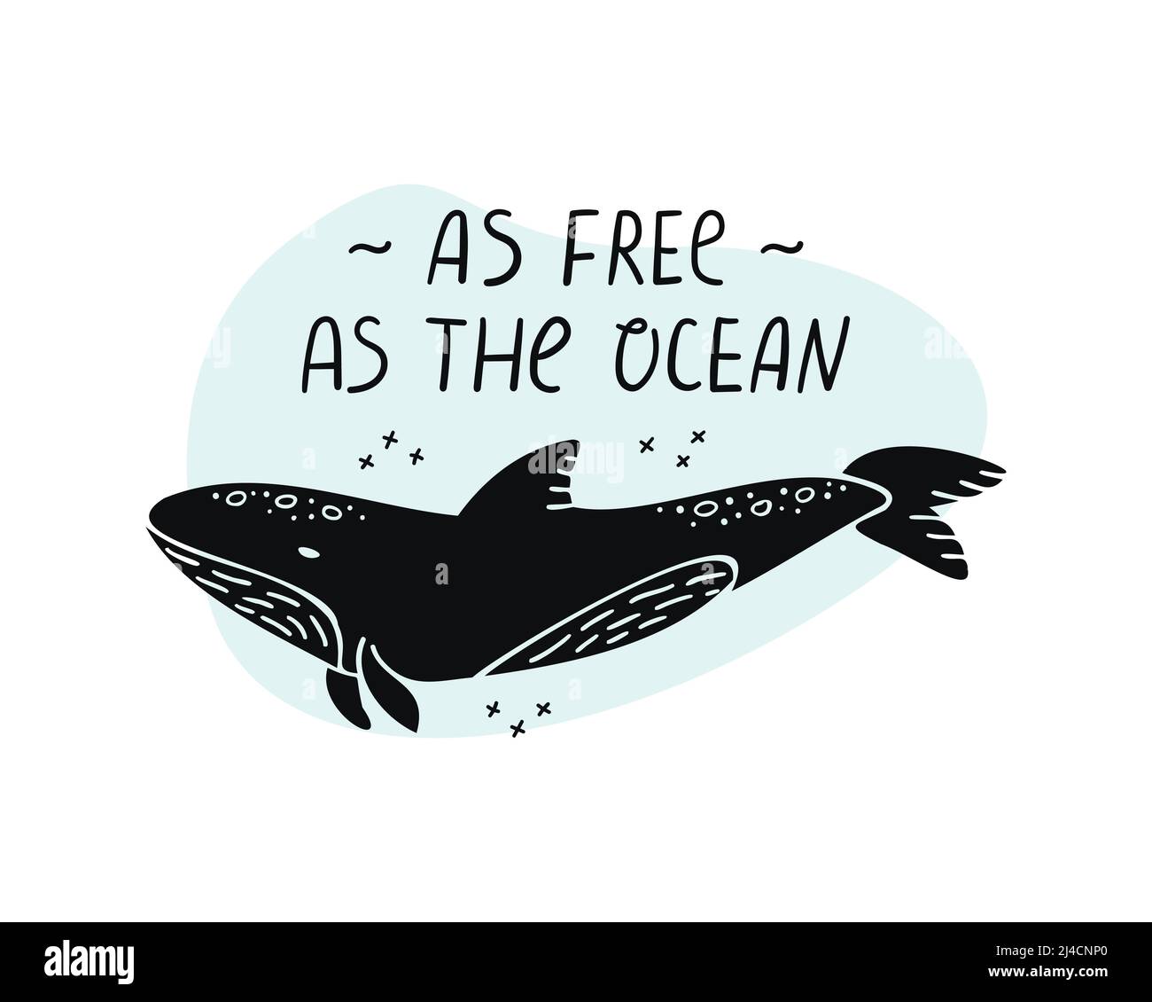 Illustration vectorielle d'une baleine avec des lettres dessinées à la main - aussi libre que l'océan. Illustration de Vecteur