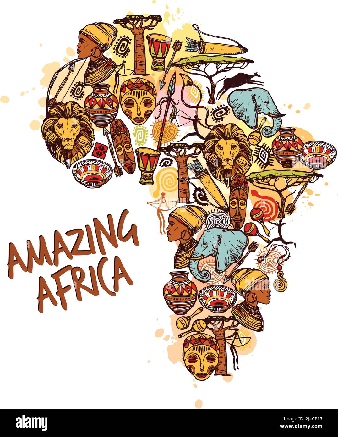 Concept d'Afrique avec esquisse de symboles africains en vecteur de forme de continent illustration Illustration de Vecteur