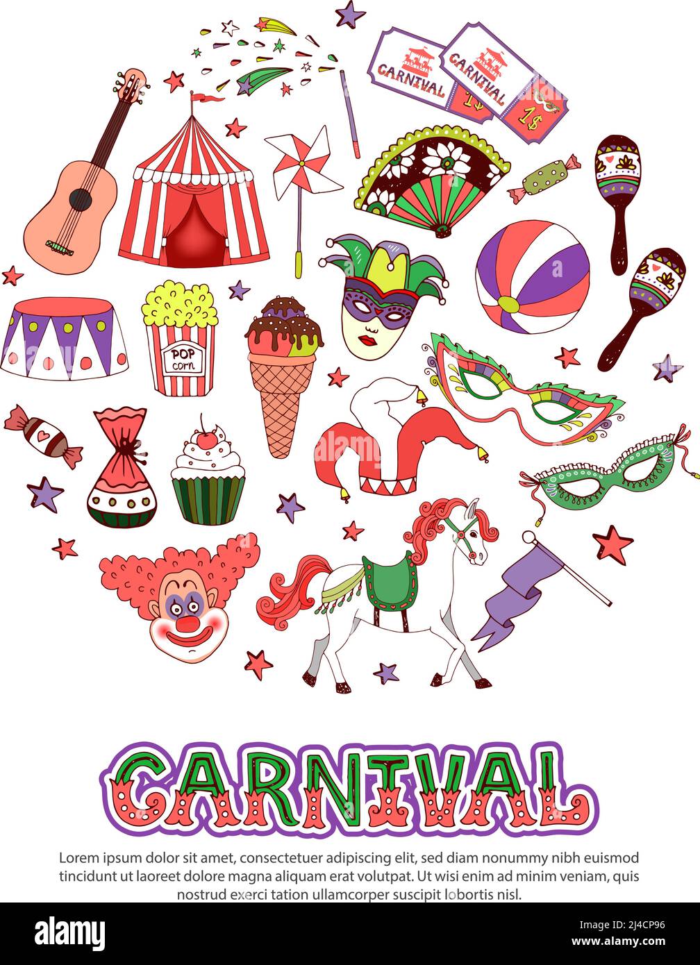 Concept de cirque de carnaval plat avec arène de tente produits doux mascarade masques maracas clowns cheval drapeau guitare billets boule magie baguette vecteur isolé Illustration de Vecteur