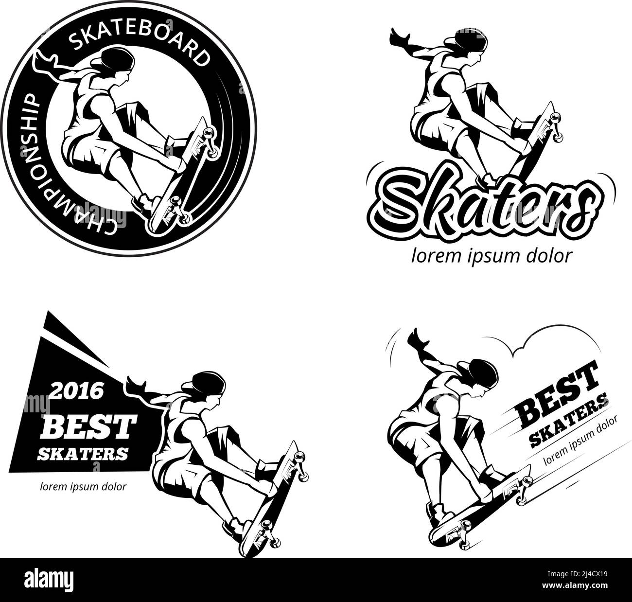 Ensemble vectoriel d'étiquettes, logos et badges de skateboard vintage. Emblème de skateboard, illustration urbaine extrême Illustration de Vecteur
