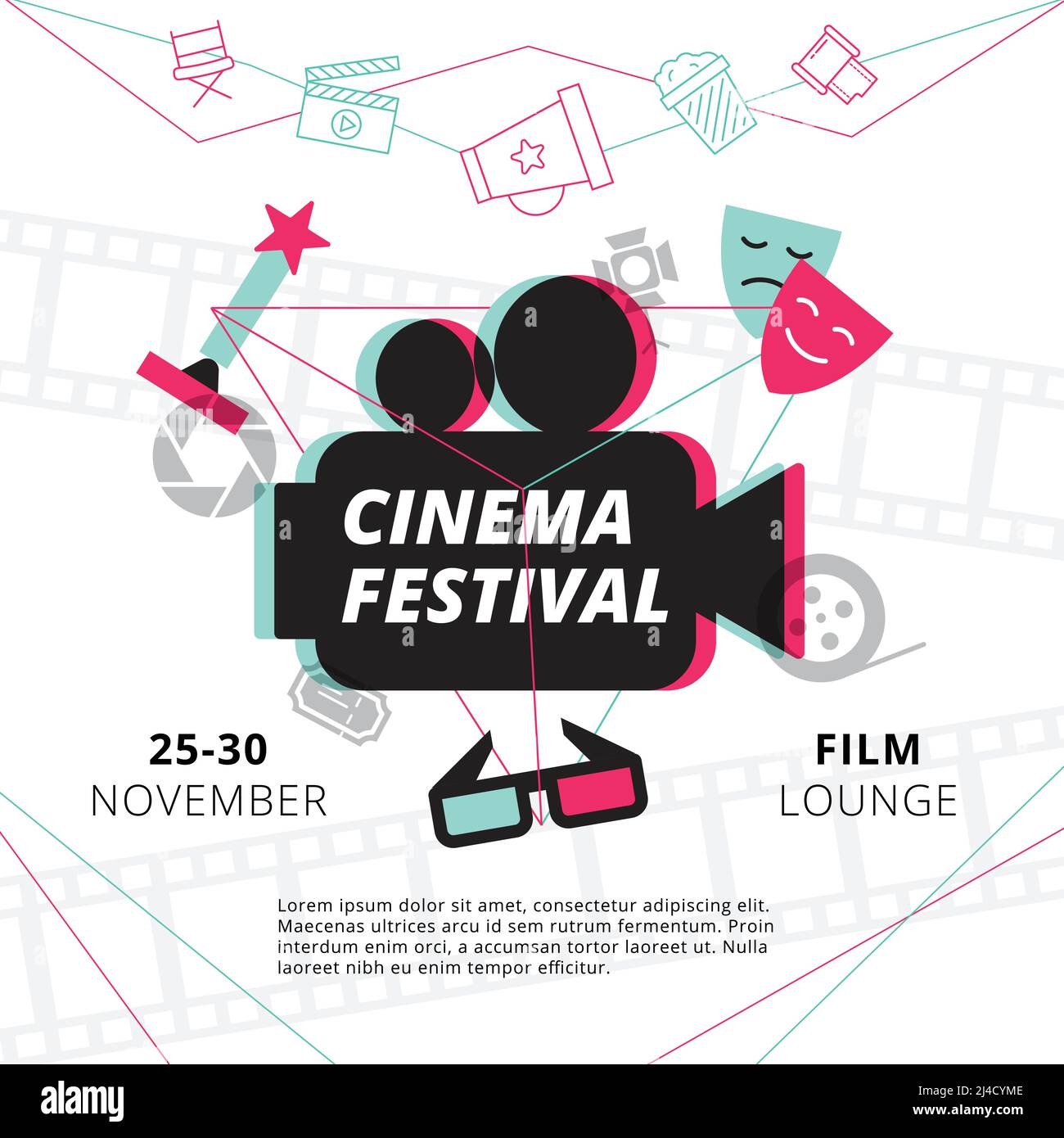 Affiche du festival de cinéma avec une silhouette de caméscope au centre et des attributs de l'illustration vectorielle de l'industrie cinématographique Illustration de Vecteur