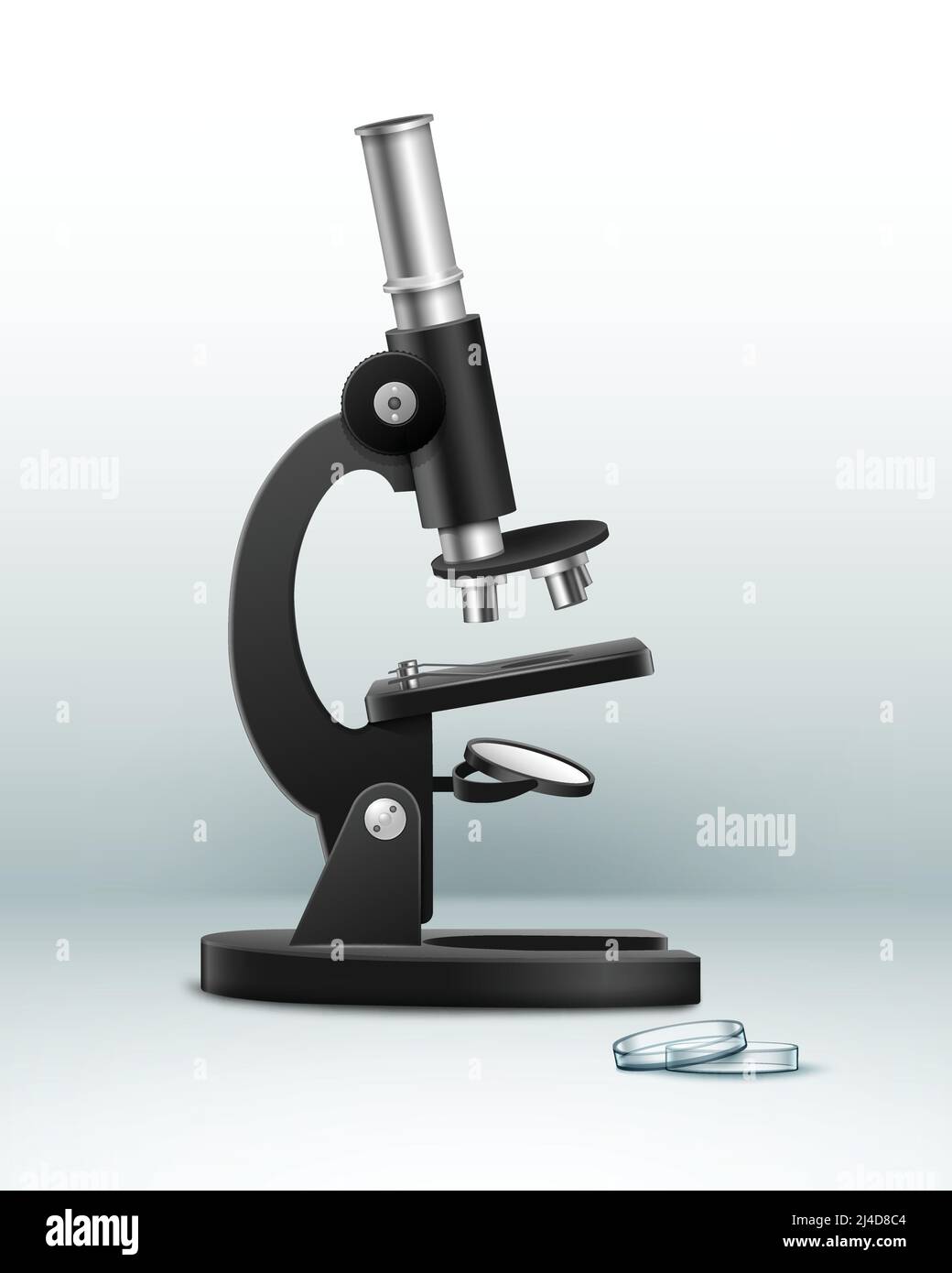 Microscope optique vectoriel en métal noir avec vue latérale de la boîte de Petri isolé en arrière-plan Illustration de Vecteur