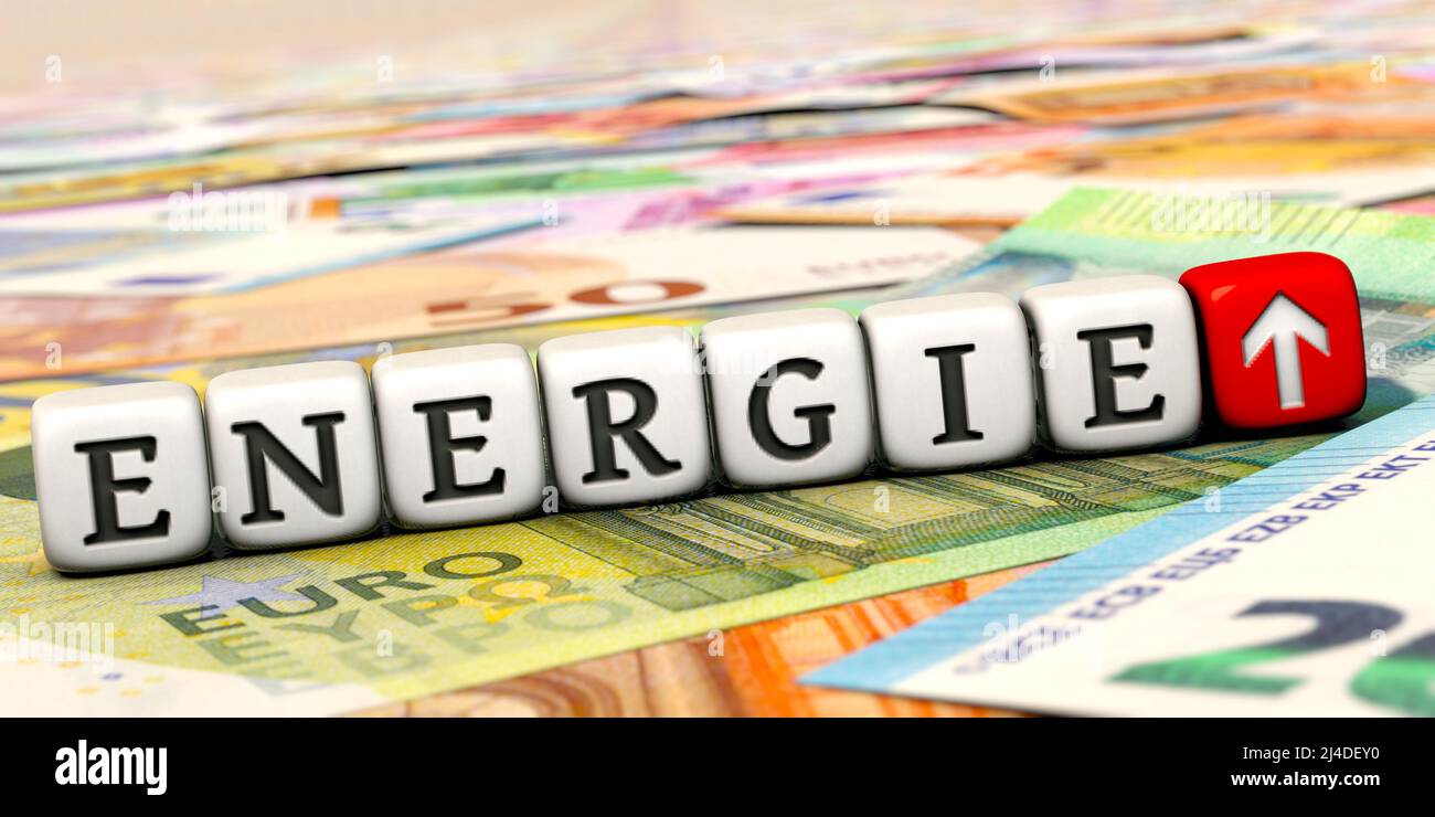 Les coûts de l'énergie augmentent - des dés blancs avec le mot allemand « Energie » (« énergie ») Banque D'Images