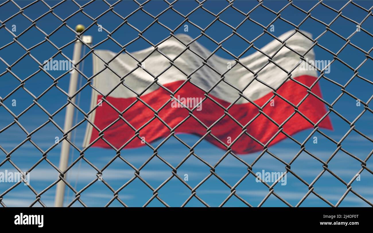 Clôture de bordure avec drapeau polonais en arrière-plan Banque D'Images