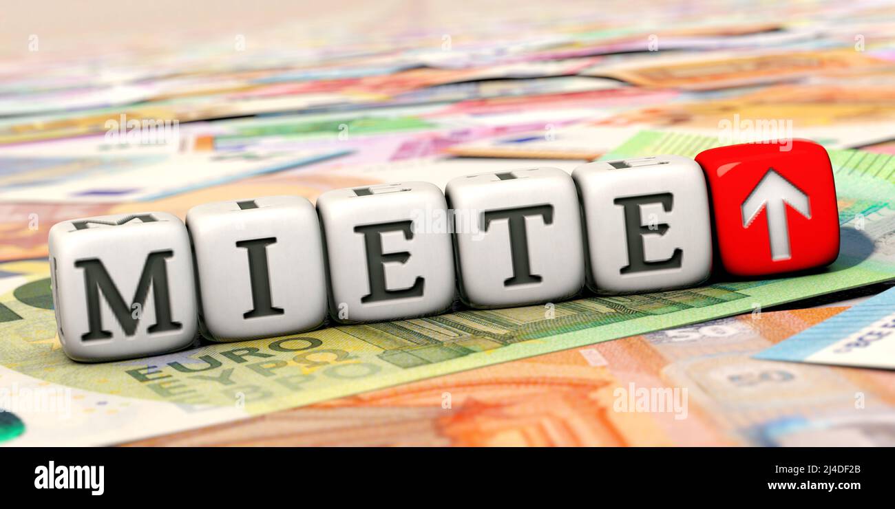 Dés avec le mot allemand 'Miete' (loyer) sur de nombreux billets en euros Banque D'Images