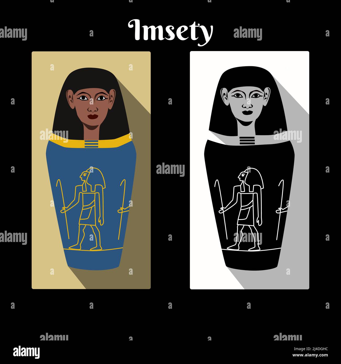 L'Égypte antique pot canopé avec dieu Horus fils Imsety tête de tête et de script de nom. Carte de couleur et de noir blanc de Gods Man JAR. Illustration vectorielle canopes JAR Guardian Illustration de Vecteur