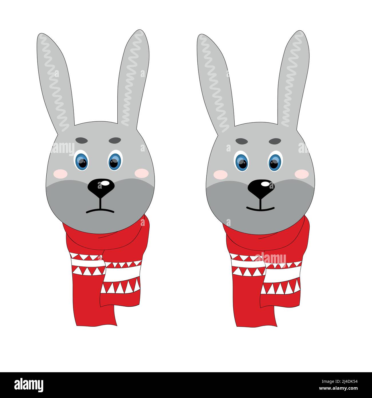 Joli motif de lièvre coloré dans un foulard d'hiver. Un objet sur fond blanc. Illustration plate de dessin animé. Emoji animal drôle. Sourire embarrassé Illustration de Vecteur