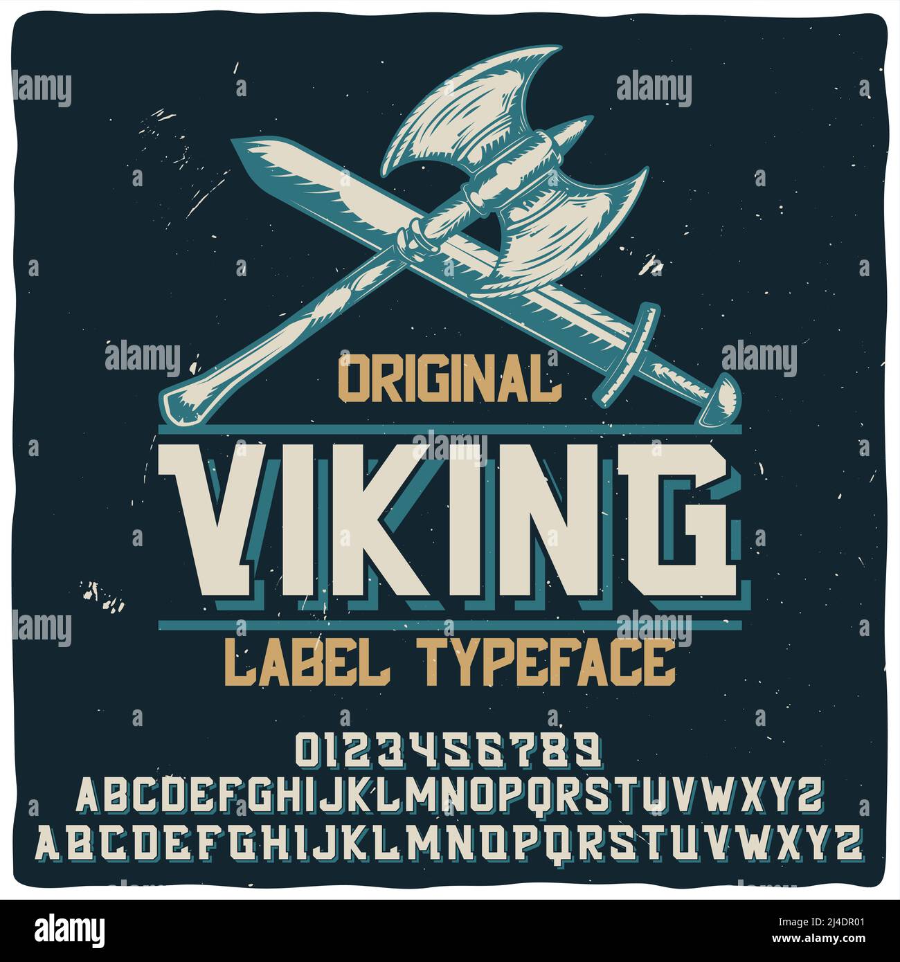 Police d'étiquette vintage nommée « Viking » avec illustration d'une hache et d'une épée. Bonne police faite à la main pour n'importe quel motif d'étiquette. Illustration de Vecteur