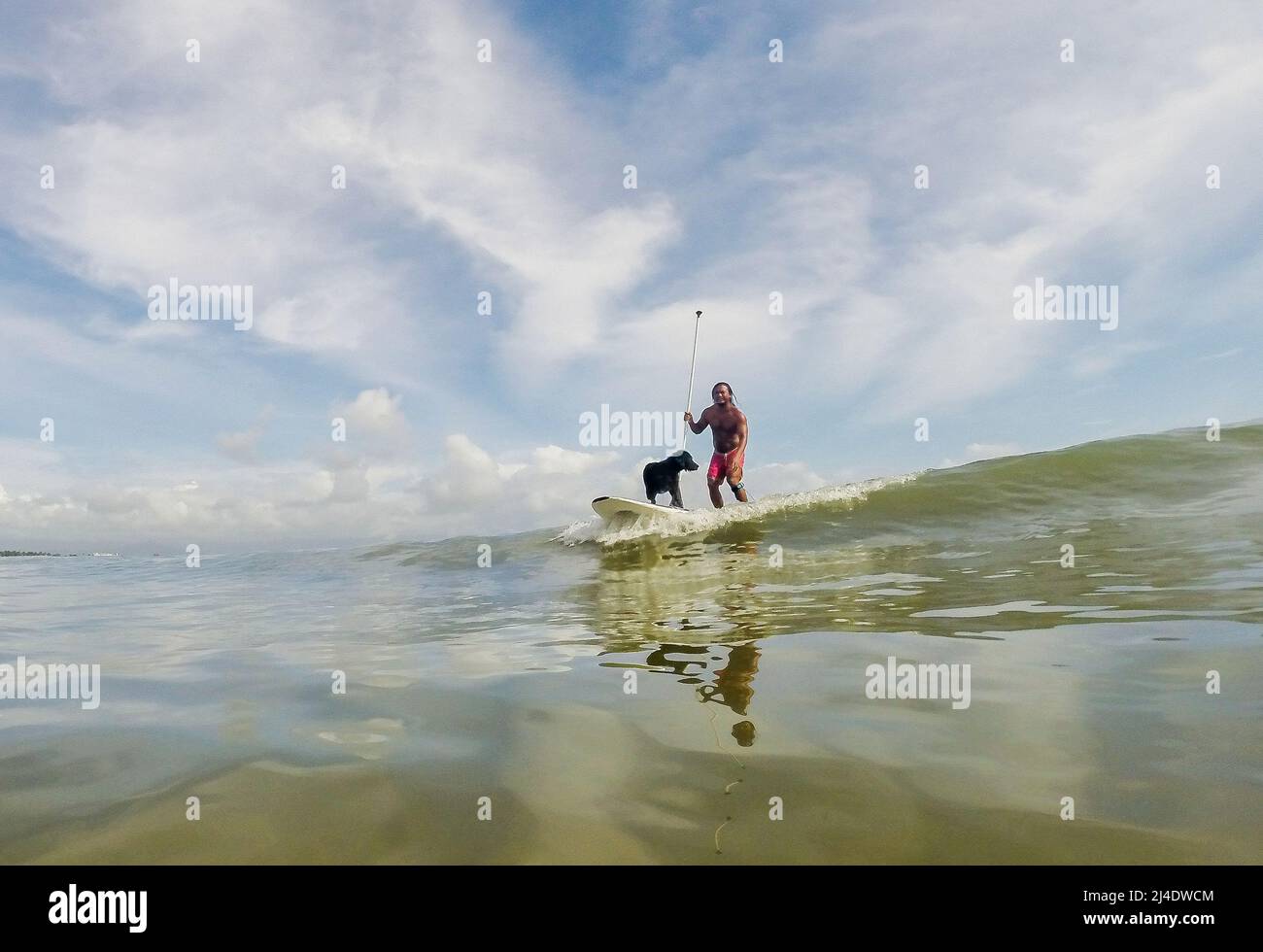 Aurora province, Philippines. 14th avril 2022. Surfeur Mario Cardama Jr. Et chien Gordy surfent sur une plage dans la province d'Aurora, aux Philippines, le 14 avril 2022. Fondé en 2016, le collectif de chiens se compose d'amateurs de surf qui sont également des amoureux de chiens. Ils passent leur temps libre à enseigner à leurs animaux de compagnie adoptifs à monter à bord d'une planche de surf dans la municipalité de Baler, dans la province d'Aurora, qui est connue localement comme « le berceau du surf philippin ». Crédit: Rouelle Umali/Xinhua/Alamy Live News Banque D'Images