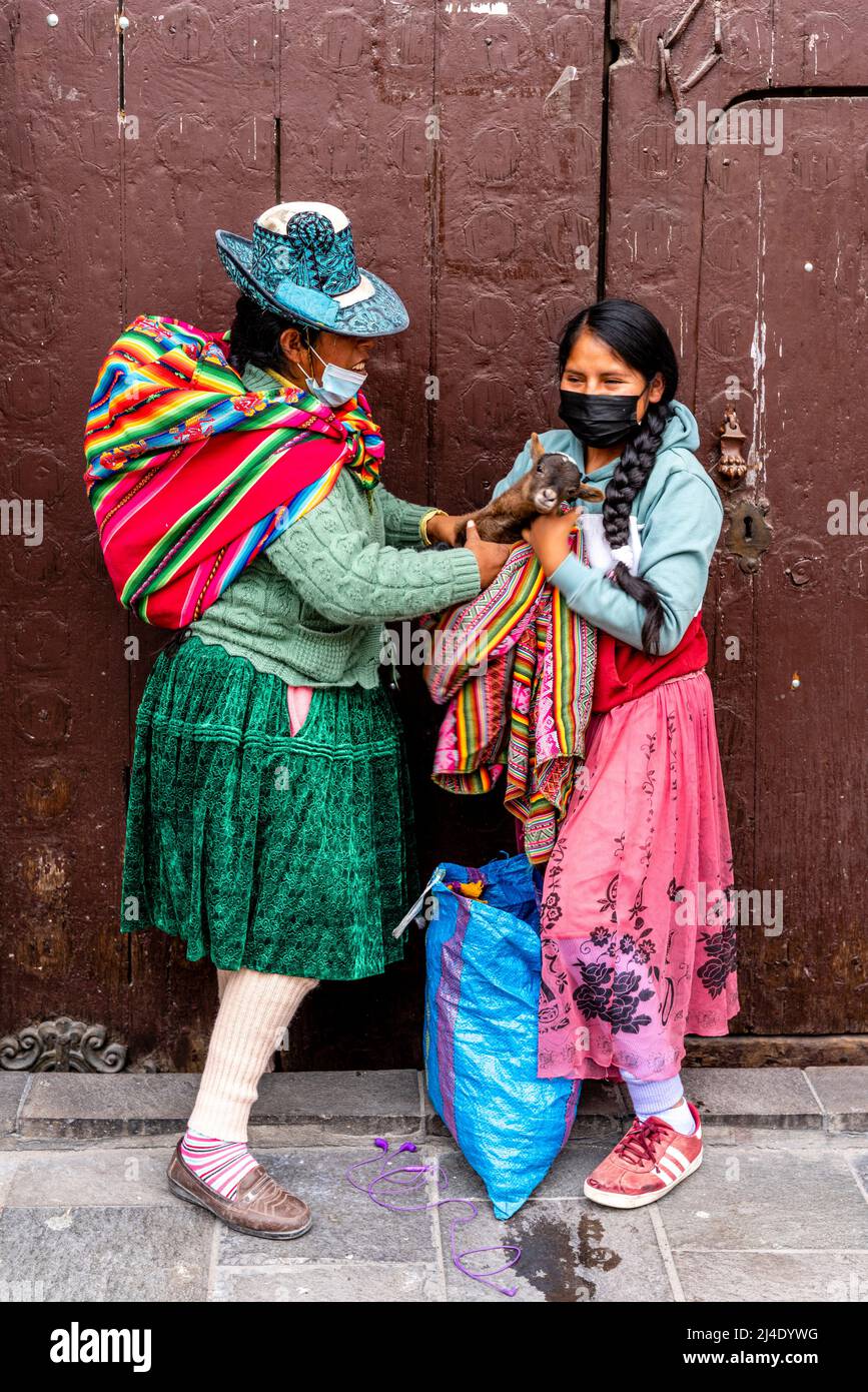 Deux femmes en costume traditionnel tirent Un petit chèvre hors d'Un sac, Arequipa, région d'Arequipa, Pérou. Banque D'Images