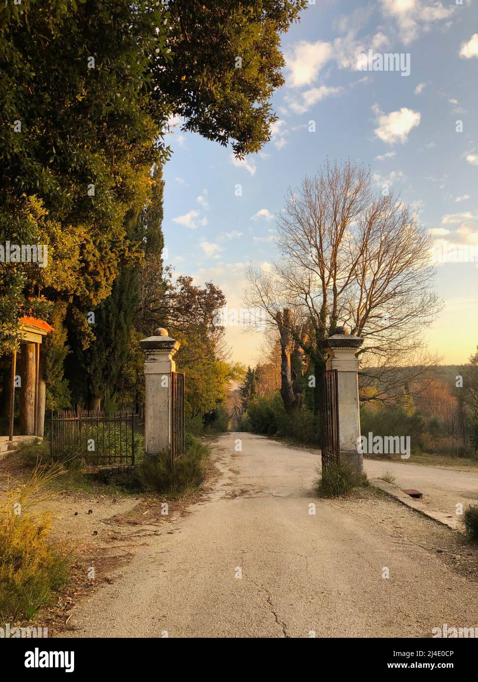 Abandon de la porte centrale au palais d'été de l'ancienne famille royale grecque dans le parc public de Tatoi, Grèce. Nature et ciel bleu Banque D'Images