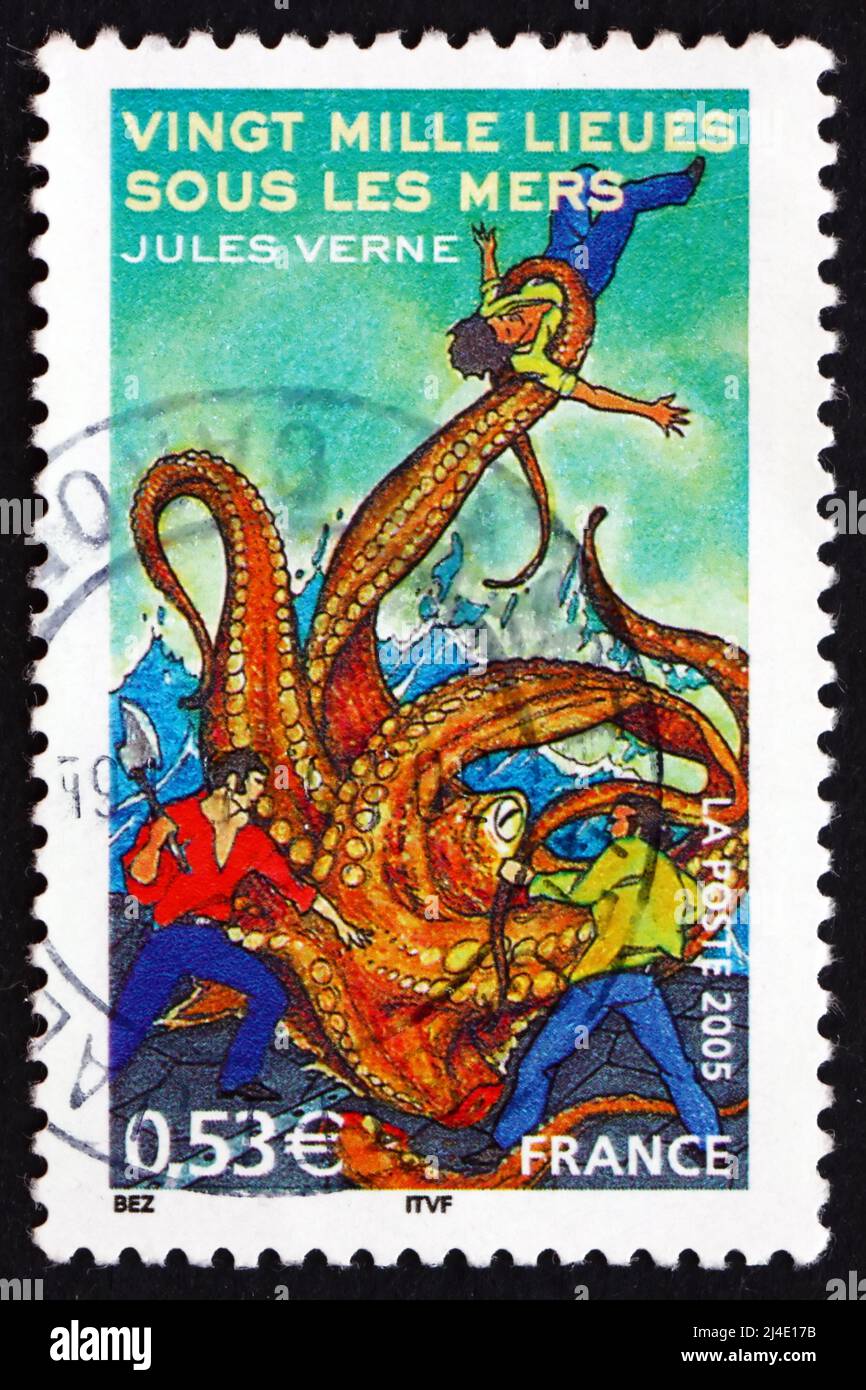 FRANCE - VERS 2005 : un timbre imprimé en France montre 20000 ligues sous la mer, histoire de Jules Verne, vers 2005 Banque D'Images