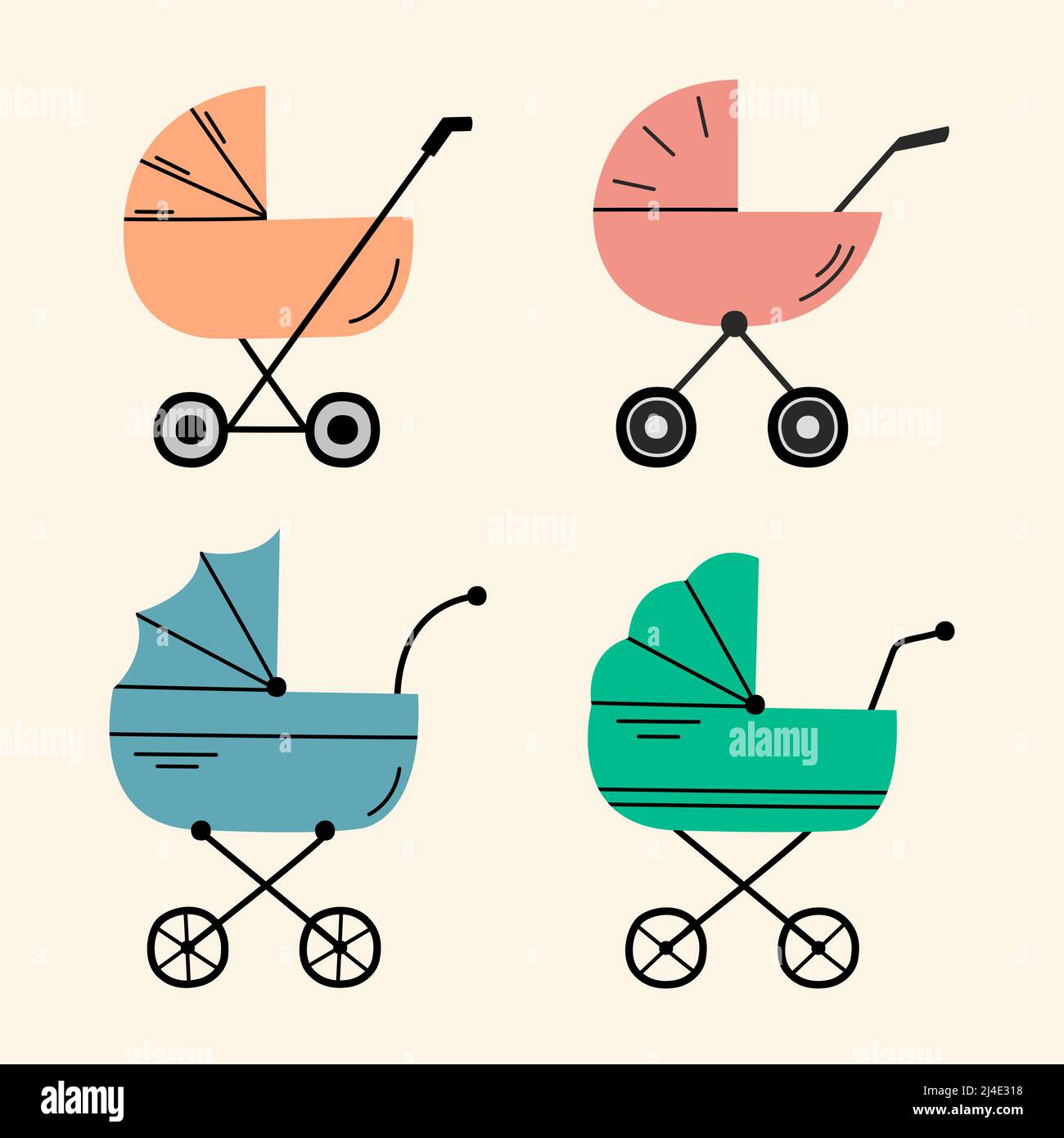 Collecte de landaus, poussettes et chariots pour bébé. Poussette pour nouveau-né. Illustration vectorielle. Illustration de Vecteur