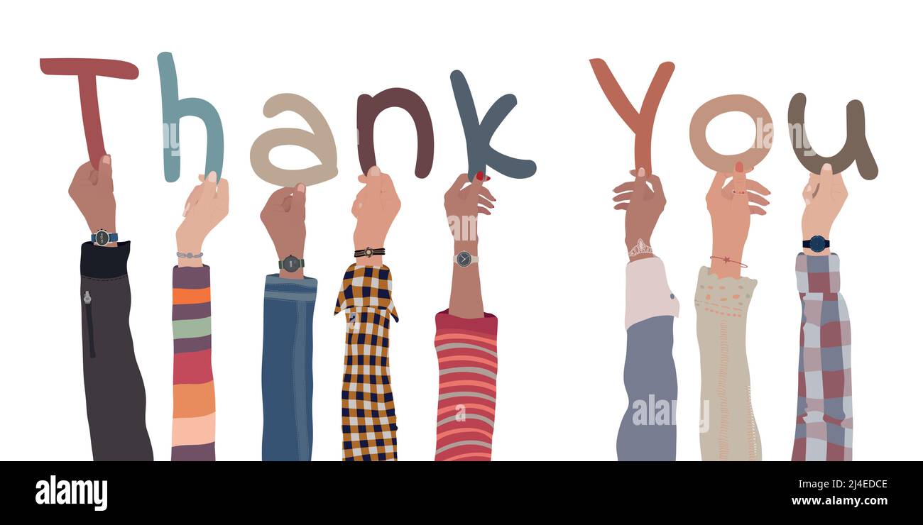 Bras levés de personnes de culture diverse tenant en main les lettres formant le mot -Merci- dans leurs mains.gratitude et accord. Appréciation Illustration de Vecteur