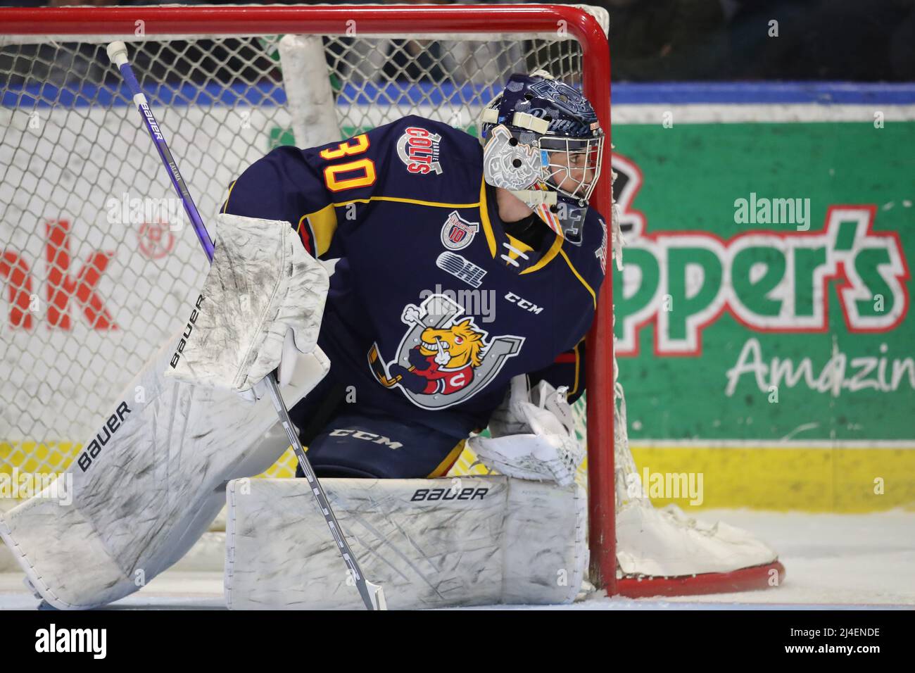 Le 2nd 2022 avril, Barrie Colts batte les London Knights 5-4 en heures supplémentaires. Matteo Lalama(30) des Barrie Colts. (Éditorial seulement) Luke Durda/Alay Banque D'Images