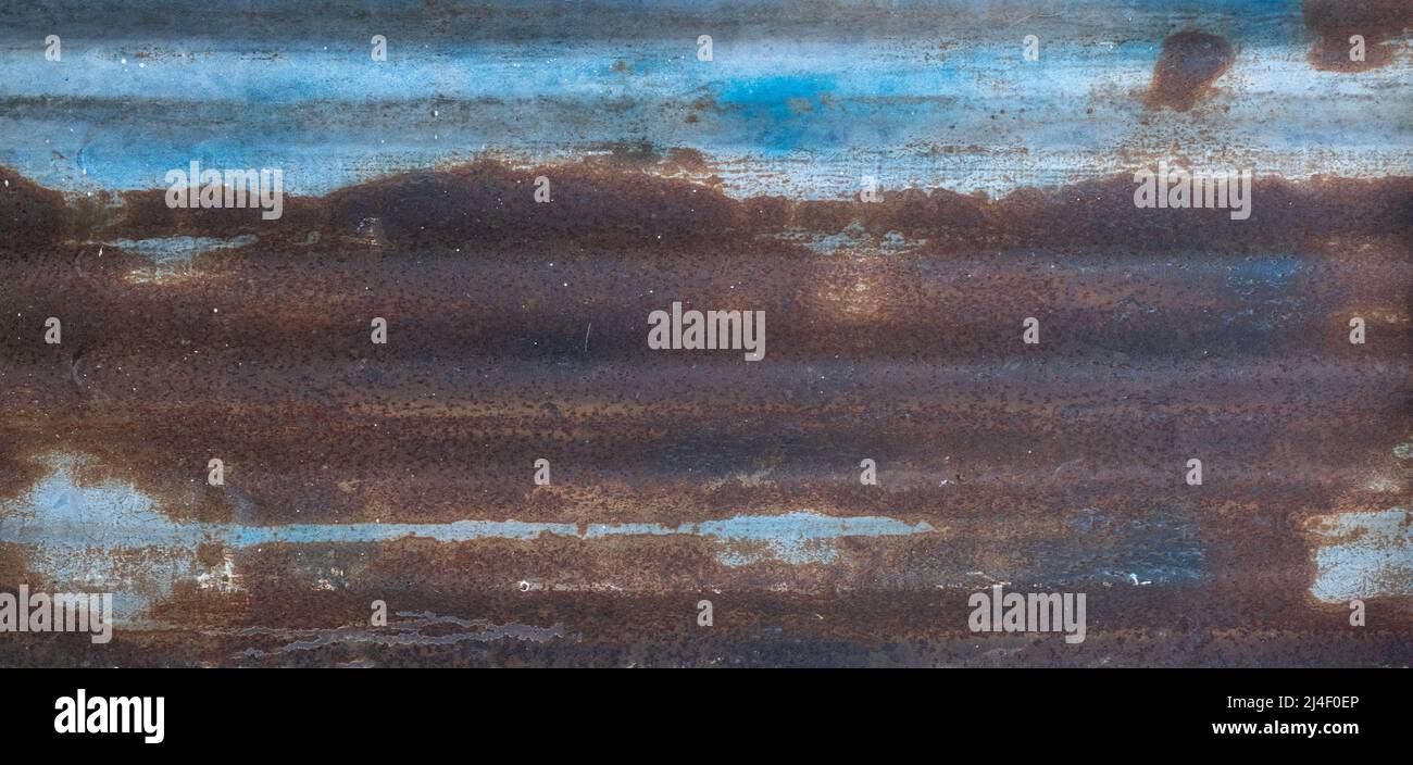 Panneau ondulé en métal bleu avec beaucoup de rouille. Banque D'Images