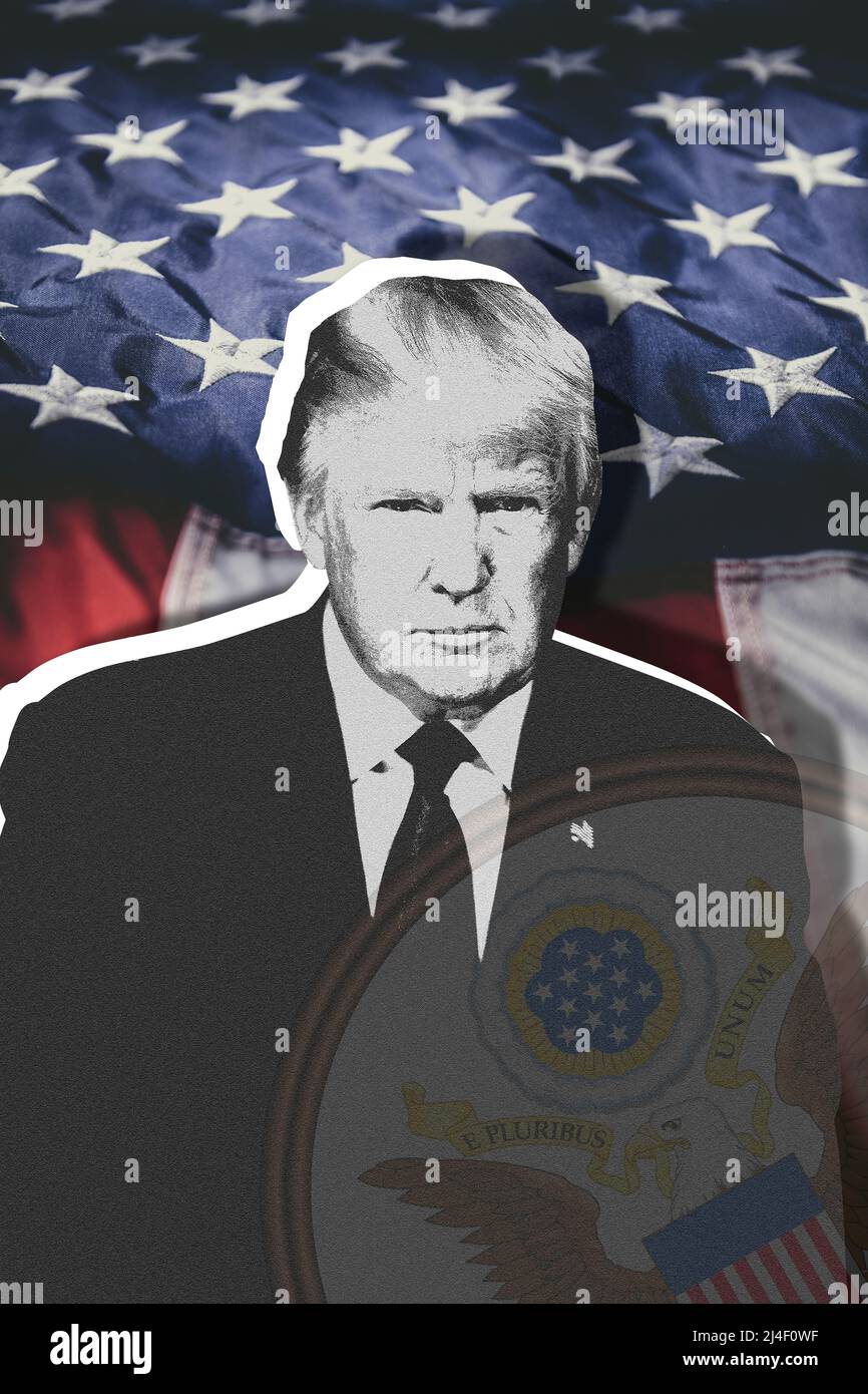 Donald Trump, drapeau américain et emblème national Banque D'Images