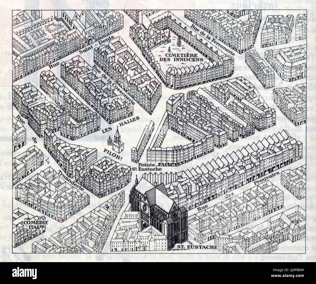 Le quartier des Halles en 1734, Paris. Banque D'Images