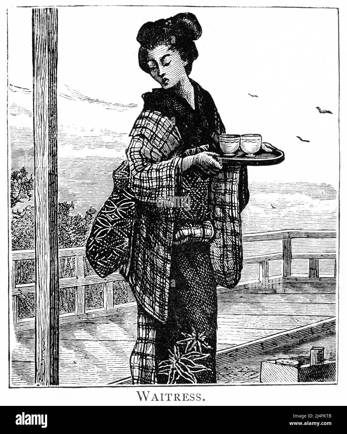 Gravure d'une serveuse en tenue traditionnelle japonaise, publiée vers 1890 Banque D'Images