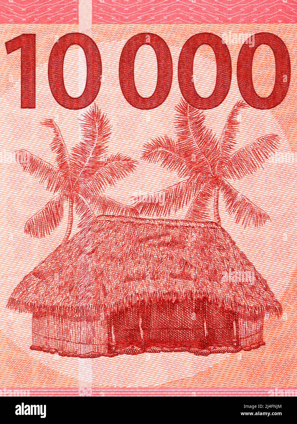 Hutte et palmiers des territoires français du Pacifique argent - Francs Banque D'Images
